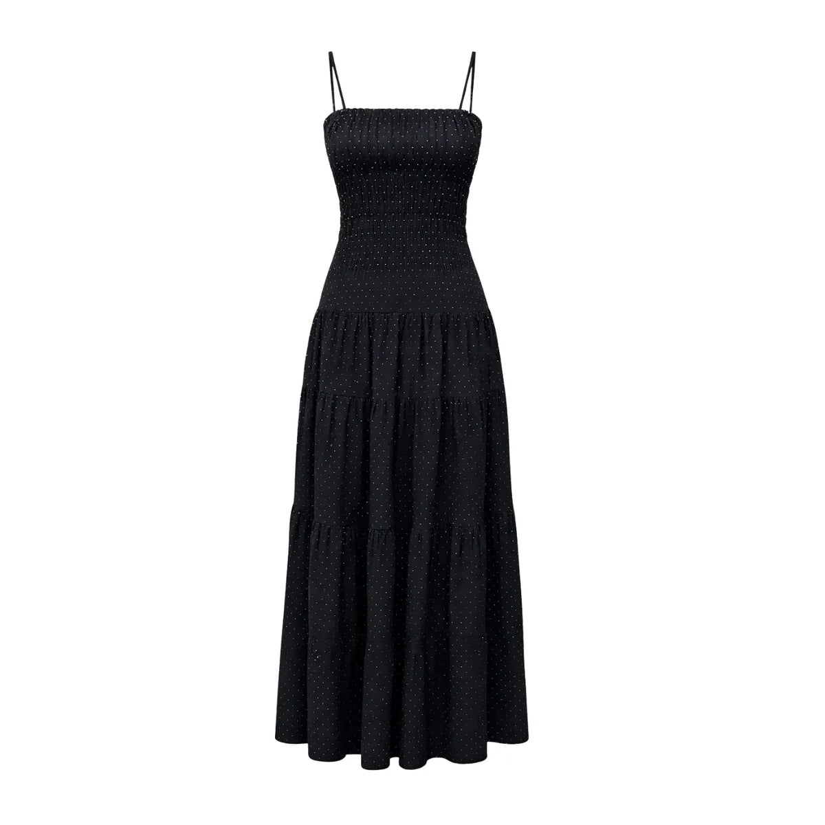 Priv Loralee Polka Dot Dress with spaghetti straps, a tiered full-length skirt, and delicate polka dots.