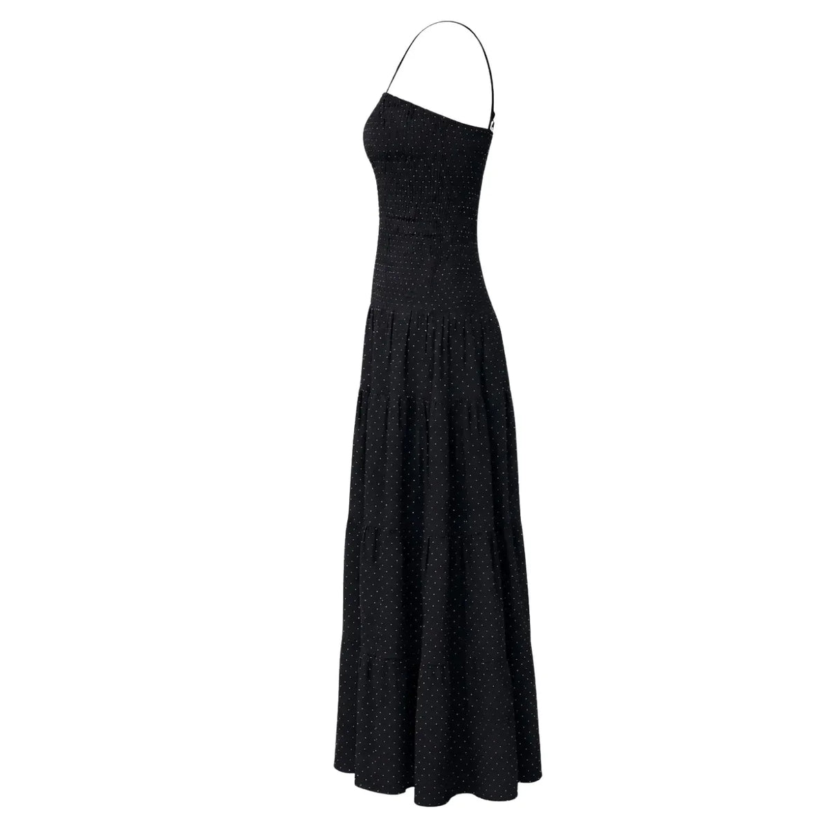 Priv Loralee Polka Dot Dress: full-length black gown with a one-shoulder strap, tiered skirt, and polka dot pattern.