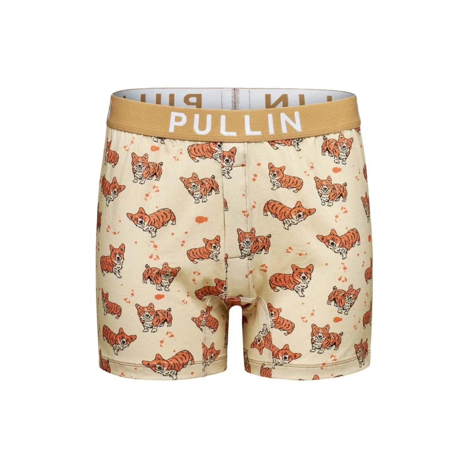 Pullin Lazy Queendog boxer shorts with corgi print, loose fit, crotch panel, and wide elastic waistband.