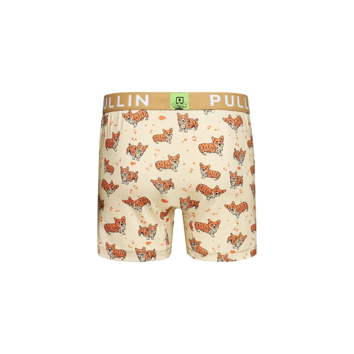 Pullin lazy queendog loose boxer shorts with tiger-striped corgi print, wide elastic waistband, and flatlock seams for comfort.