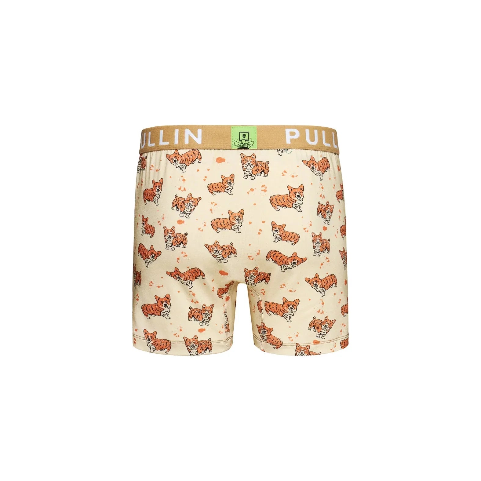 Pullin lazy queendog loose boxer shorts with tiger-striped corgi print, wide elastic waistband, and flatlock seams for comfort.