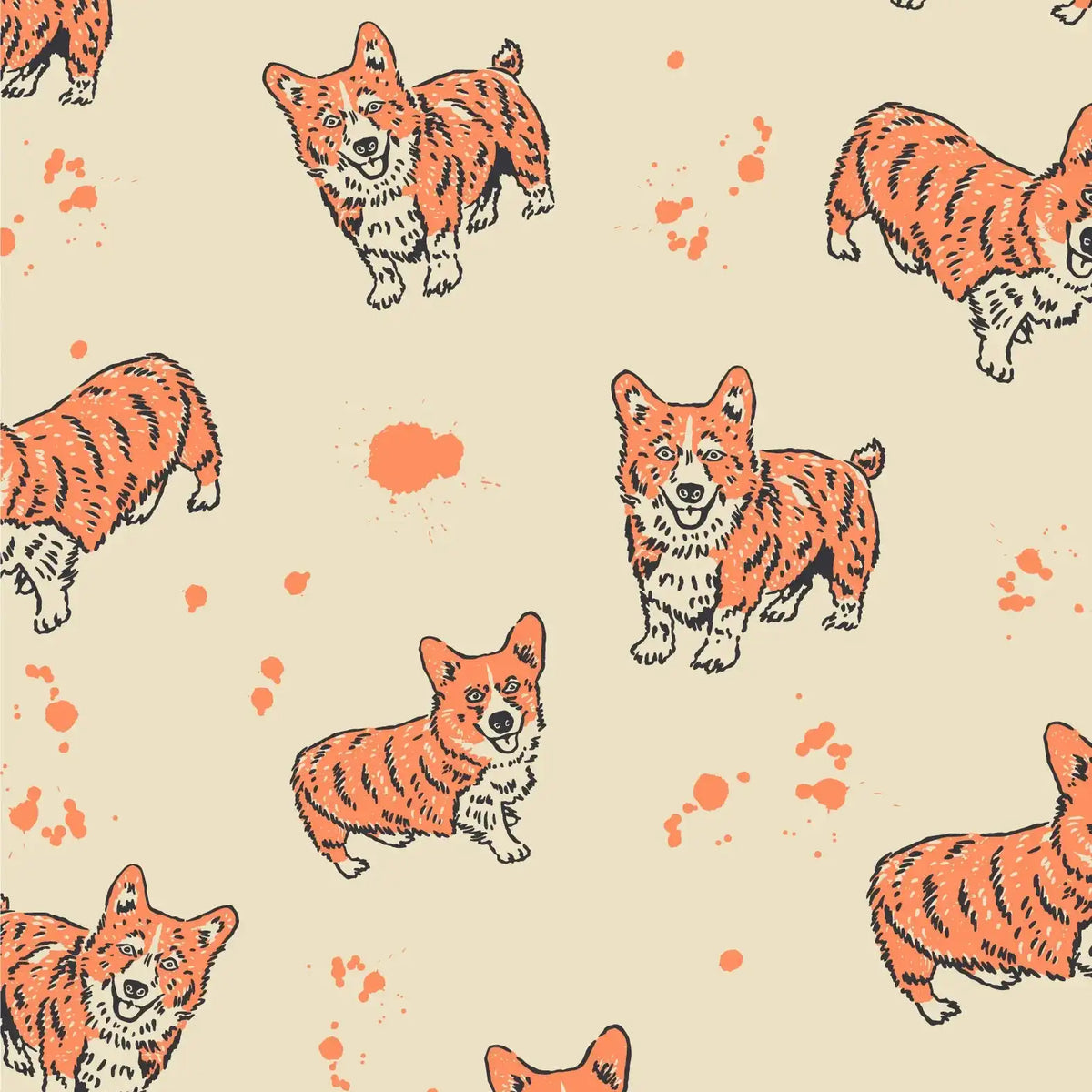 Orange corgi dog print pattern with splatters for loose cut boxer shorts featuring flatlock seams.