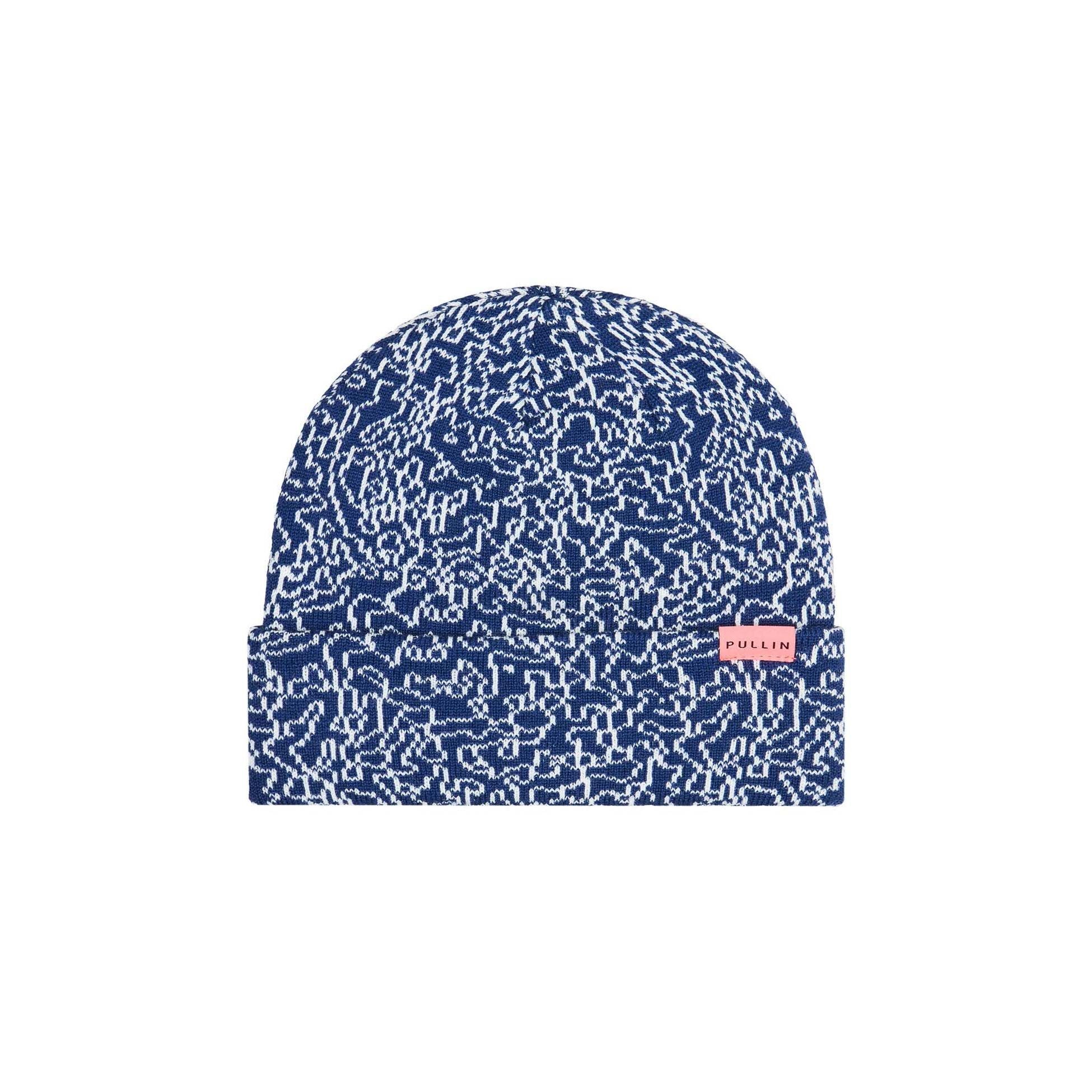 Pullin Beanie in blue and white docker-style knit, 100% acrylic, cuffed or uncuffed, one size fits all.
