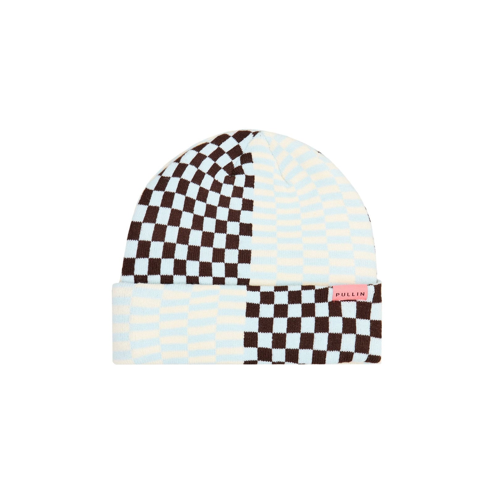Pullin Beanie with docker-style, blue-brown checkerboard, pink tag on cuff, 100% acrylic, cuffed or uncuffed.