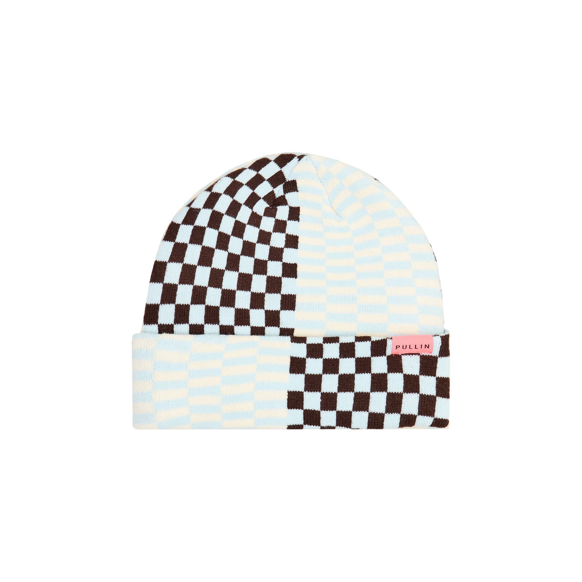 Pullin Beanie with docker-style, blue-brown checkerboard, pink tag on cuff, 100% acrylic, cuffed or uncuffed.