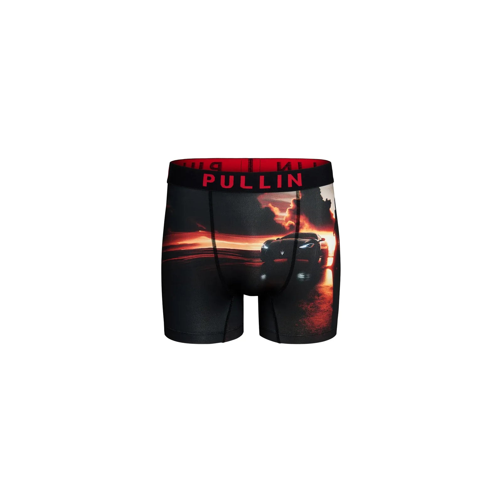 Pullin Fashion 2 Athena Brief printed boxer briefs with sunset car graphic, black fabric, red PULLIN waistband.