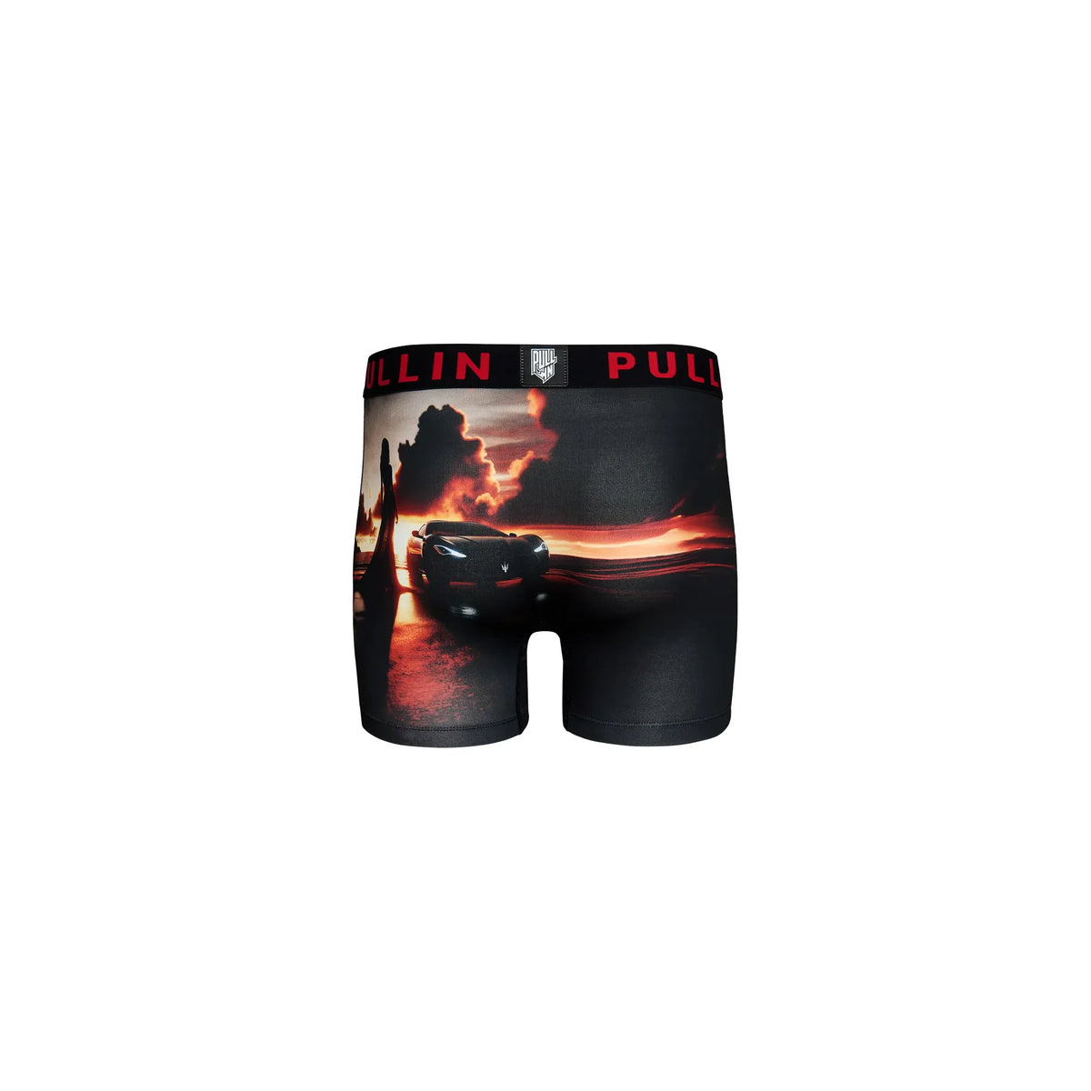 Pullin Fashion 2 Athena boxer briefs with sunset car print, black base and red branded waistband.