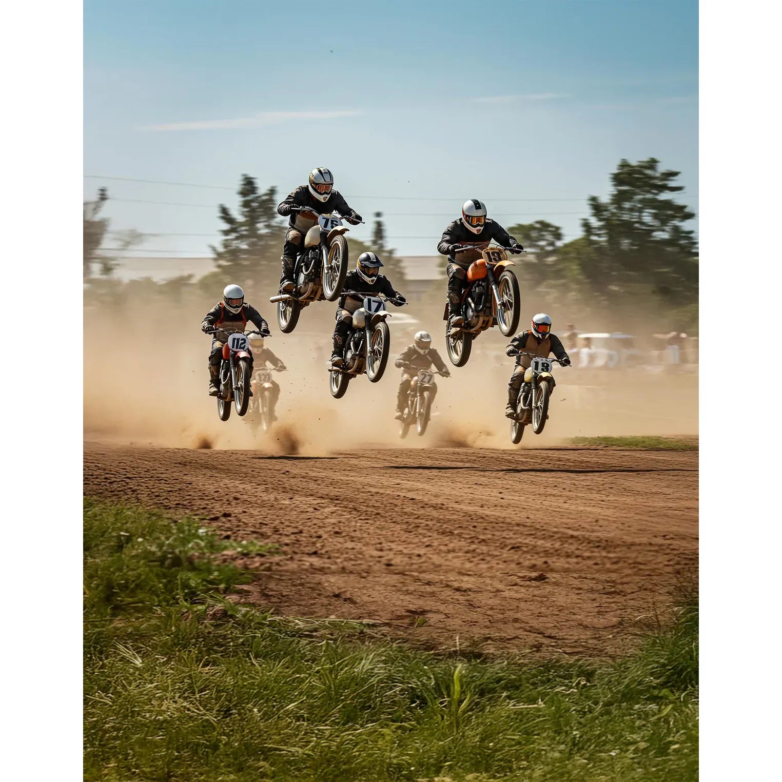 Motocross riders launch into the air over a dusty dirt track during a race.