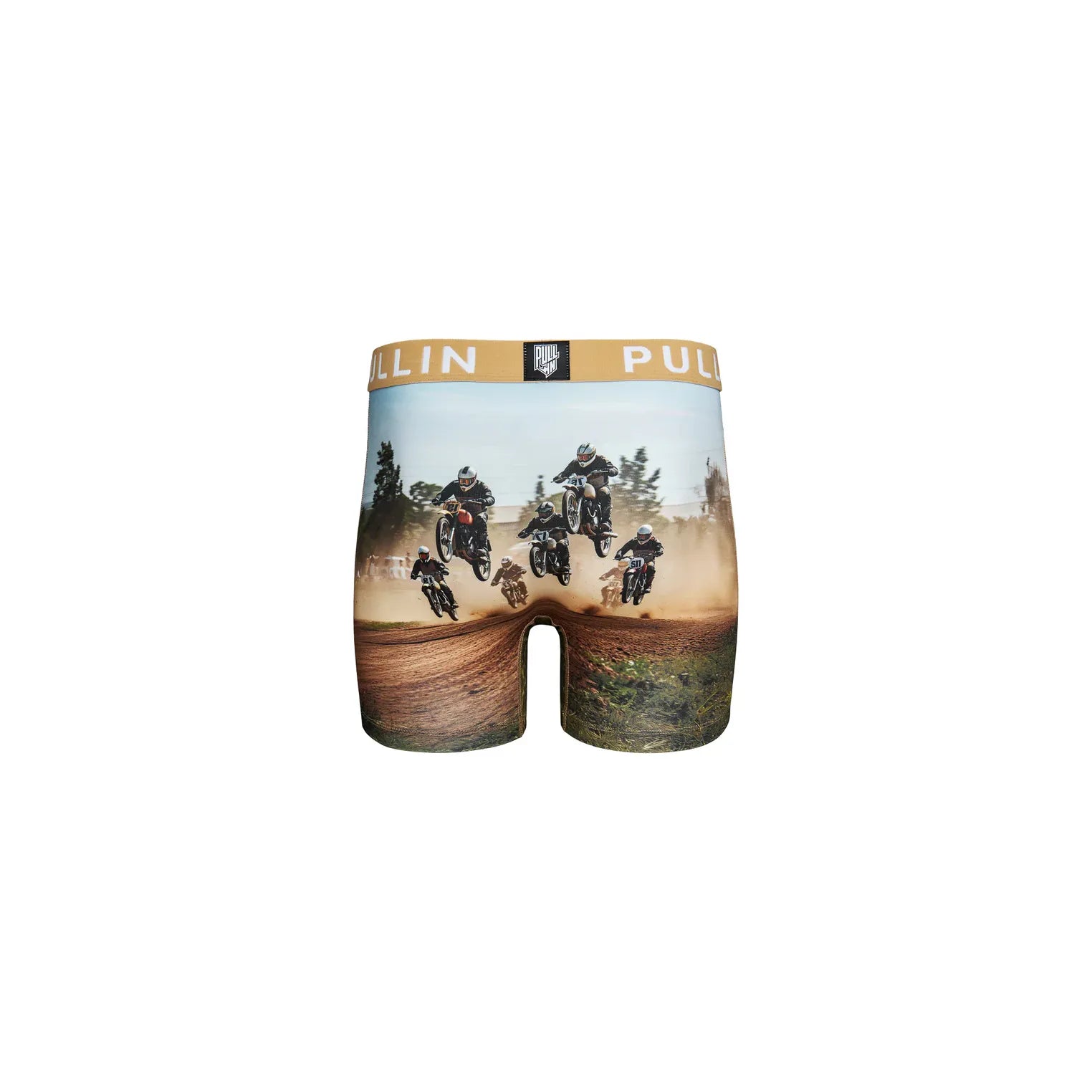 Pullin Fashion 2 Backy Brief boxer shorts with Athena motocross print, long-cut, tan waistband.