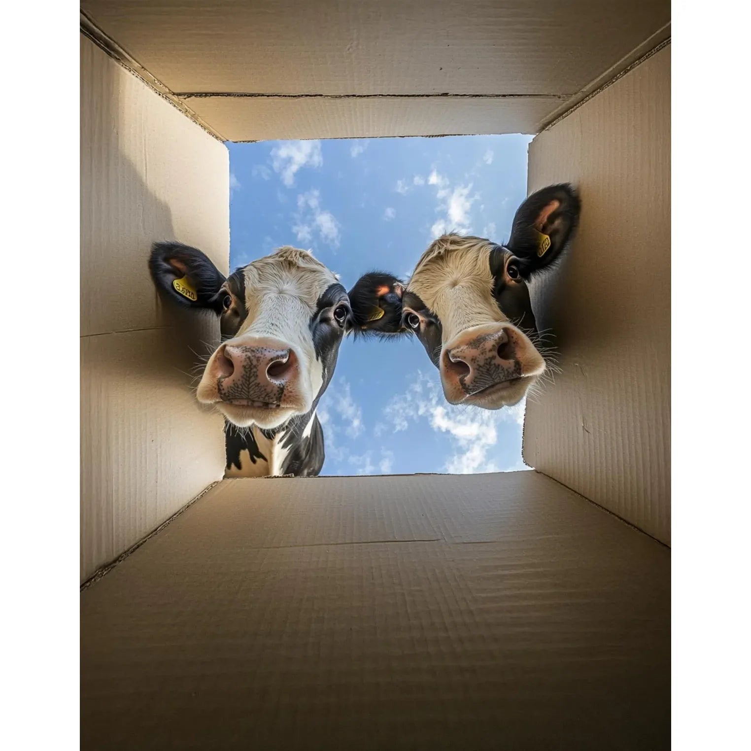 Two cows peering into a cardboard box from below against a blue sky.
