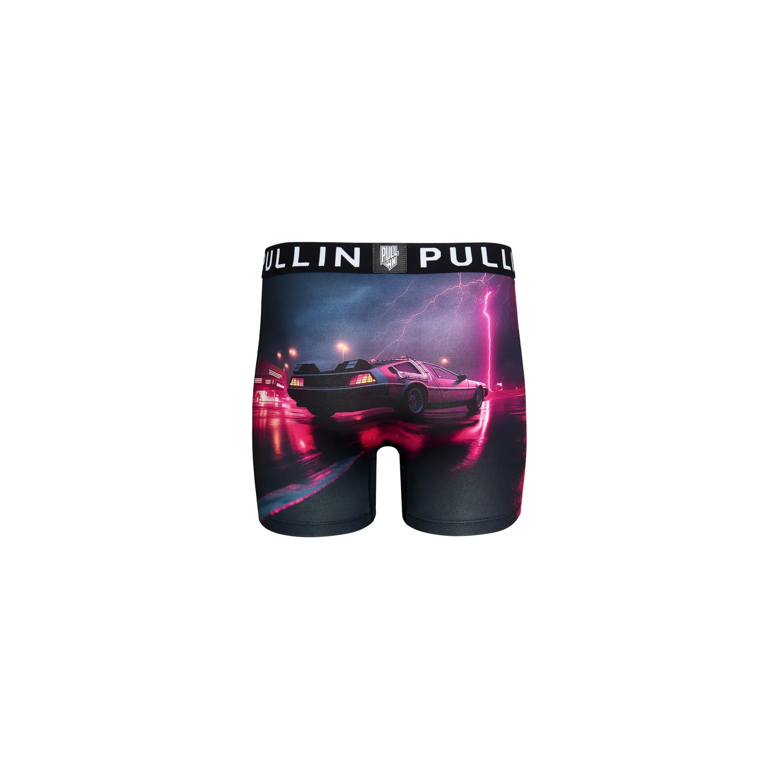 Pullin Fashion 2 Delo Brief boxer shorts with neon DeLorean car print and black 40mm jacquard waistband.