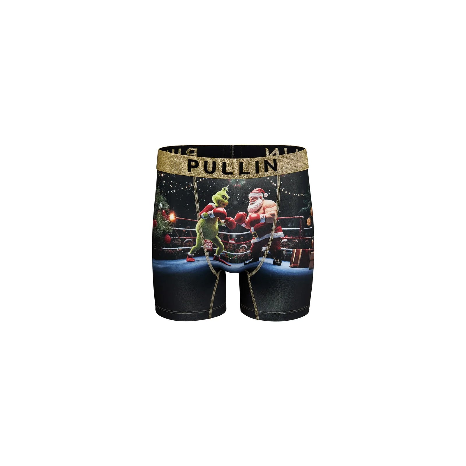 Pullin Fashion 2 Manomano Brief with boxing-ring Santa vs Grinch print and gold waistband