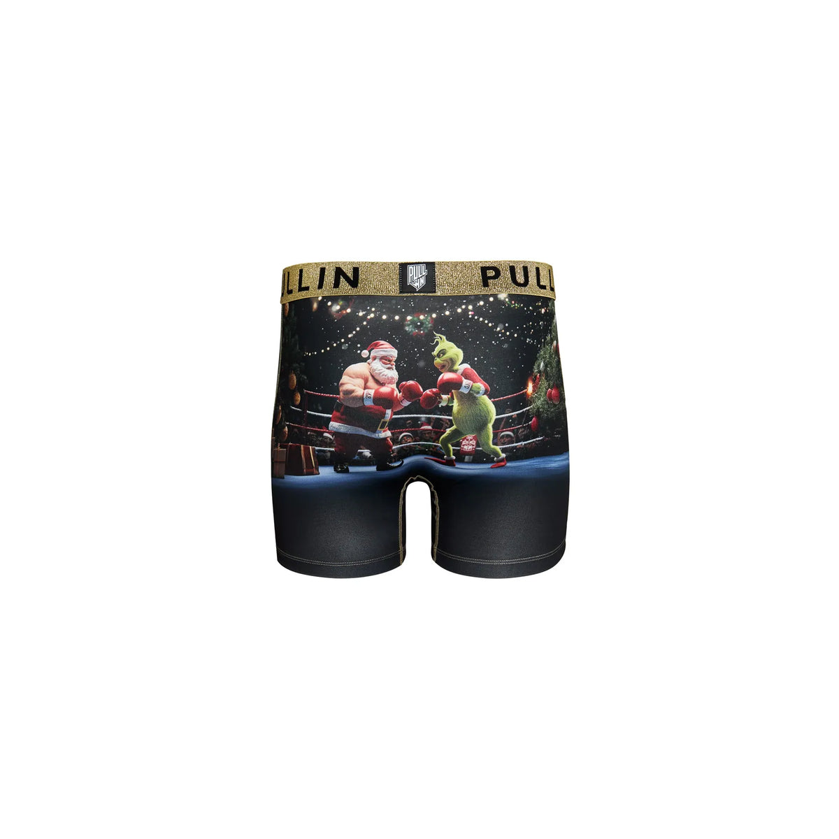 Pullin Fashion 2 Manomano boxer briefs with Santa boxing print and gold 40mm elastic waistband.