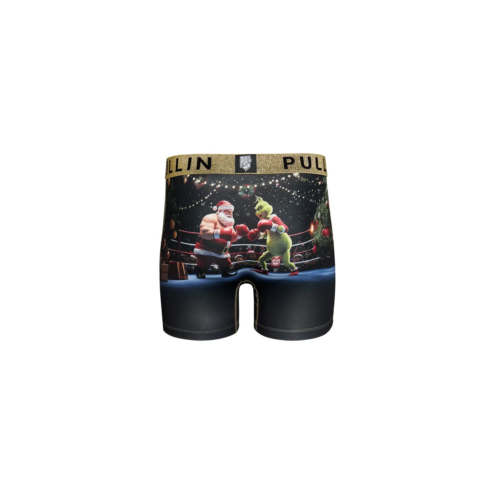 Pullin Fashion 2 Manomano boxer briefs with Santa boxing print and gold 40mm elastic waistband.