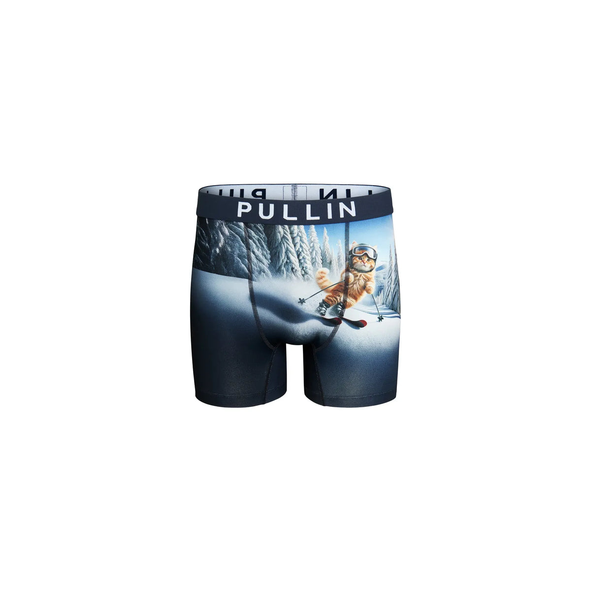 Pullin Fashion 2 Miasouki boxer shorts with winter scene print featuring a cat skier and a navy jacquard waistband.