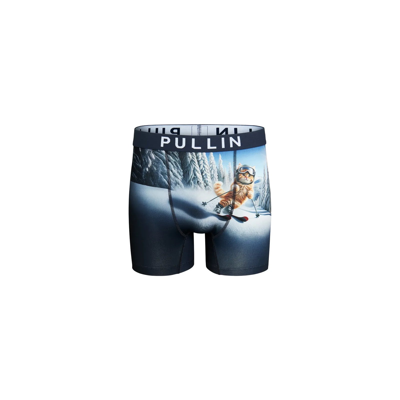 Pullin Fashion 2 Miasouki boxer shorts with winter scene print featuring a cat skier and a navy jacquard waistband.
