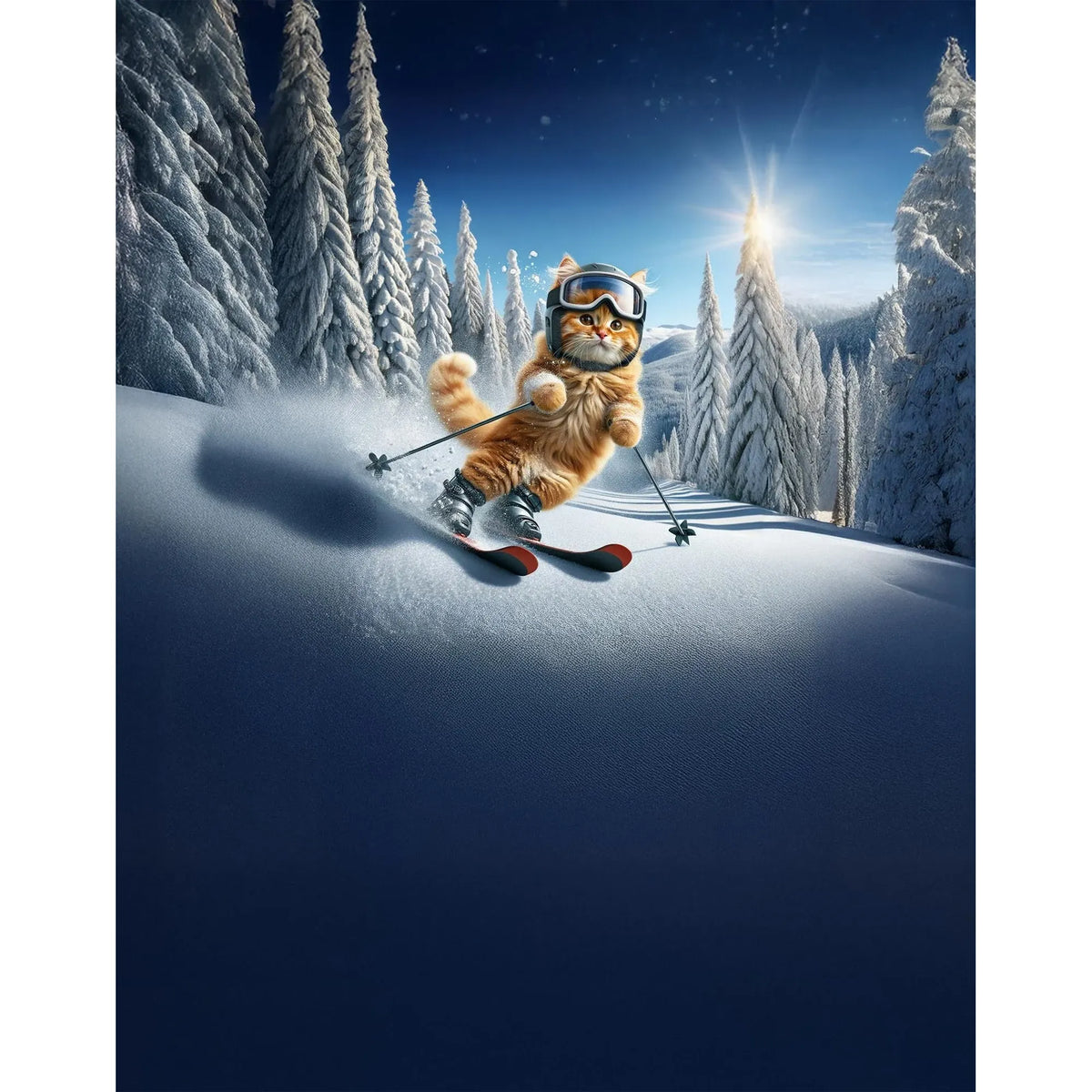 Cat in ski goggles skiing down a snowy slope; bold Pullin Fashion 2 Miasouki Brief-inspired look.