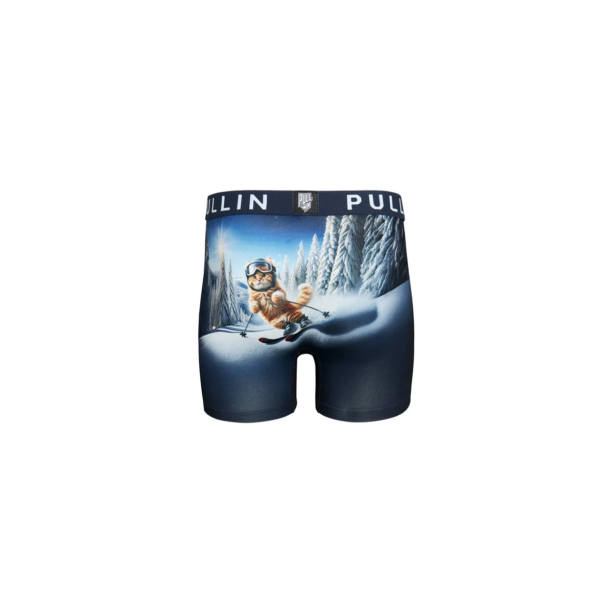 Pullin Fashion 2 Miasouki printed boxer shorts with skiing cat graphic on blue fabric and navy 40mm jacquard waistband.