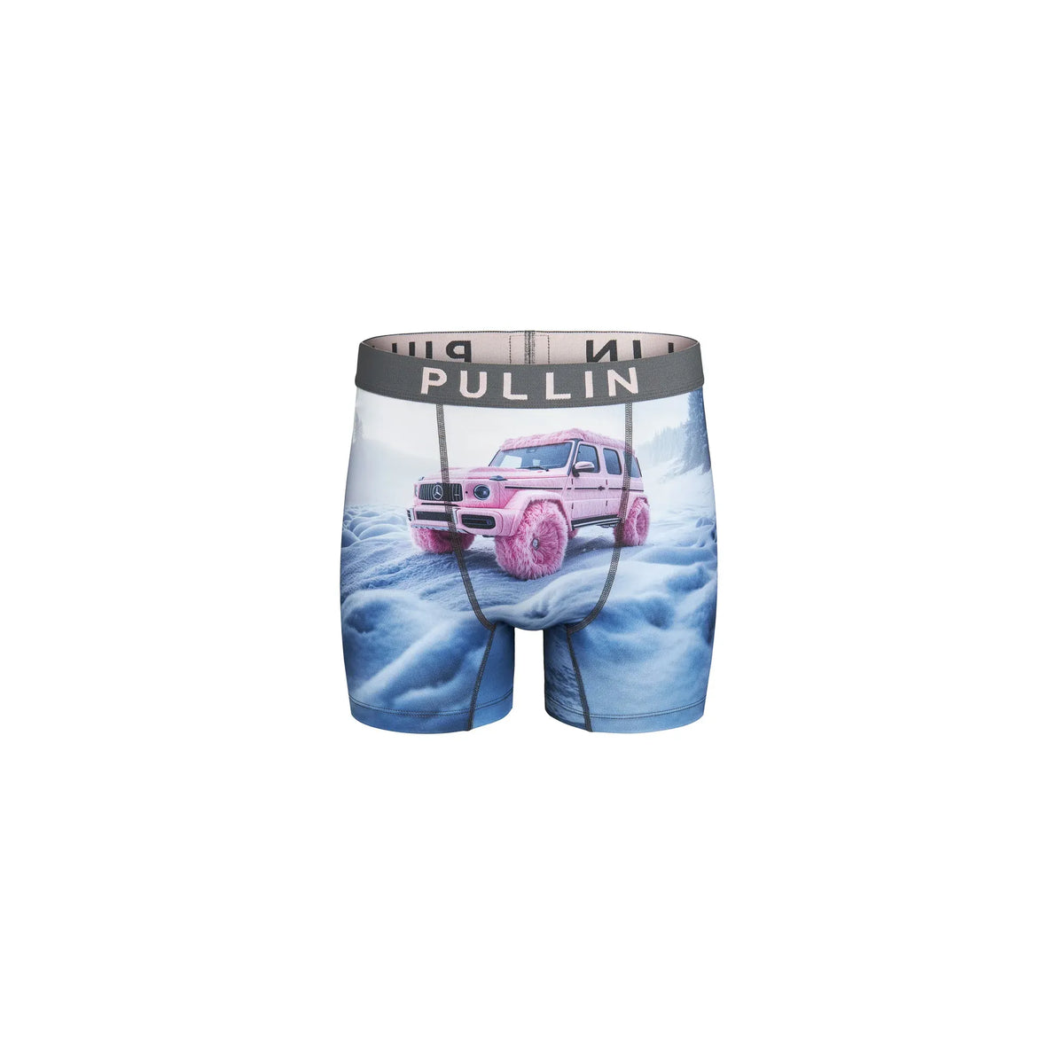 Pullin Fashion 2 tushdaddy Brief boxer shorts with pink SUV on icy blue landscape, wide 40mm jacquard waistband.