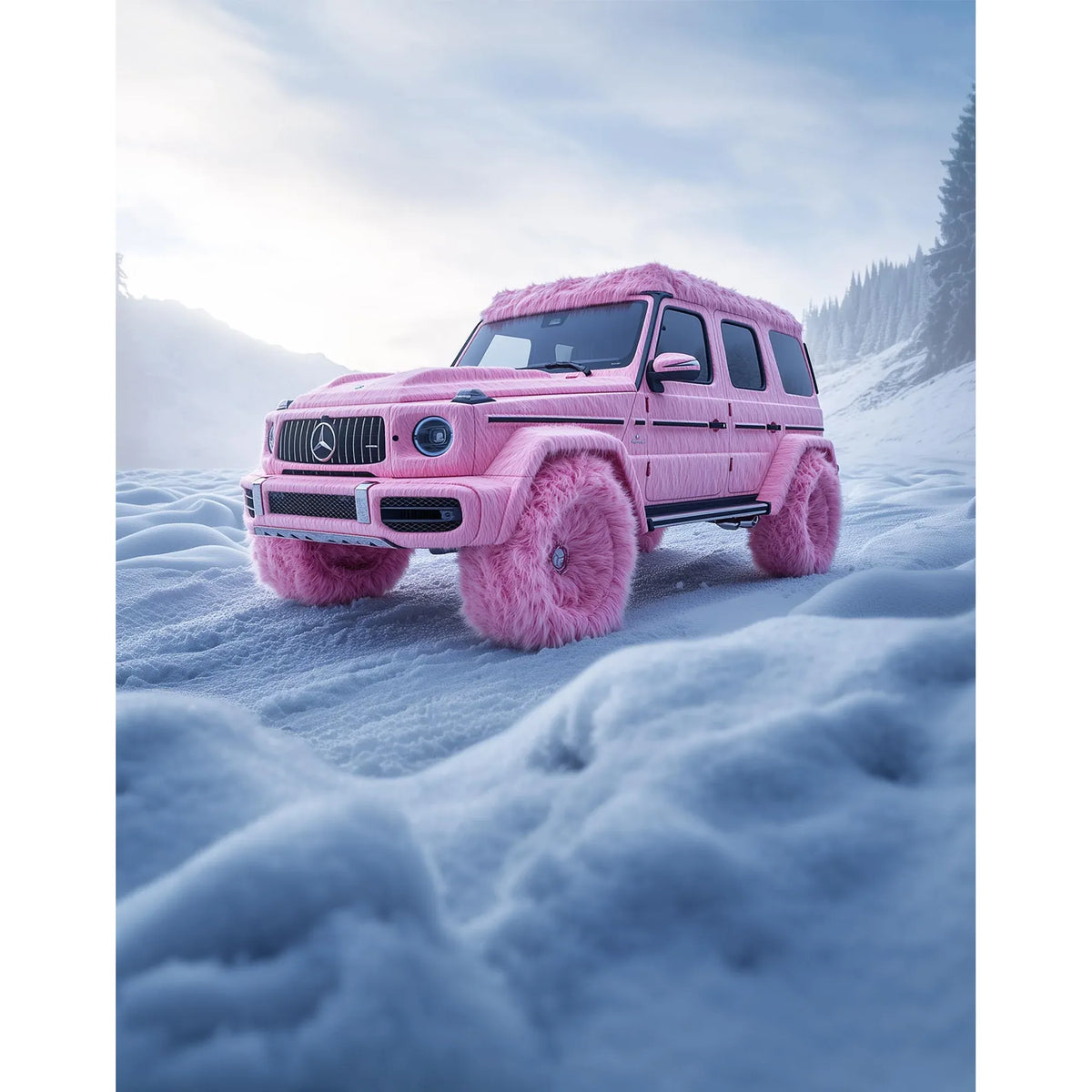 Pink fur-wrapped Mercedes G-Wagon in snow; Pullin Fashion 2 tushdaddy Brief boxer shorts with long cut and wide yoke.