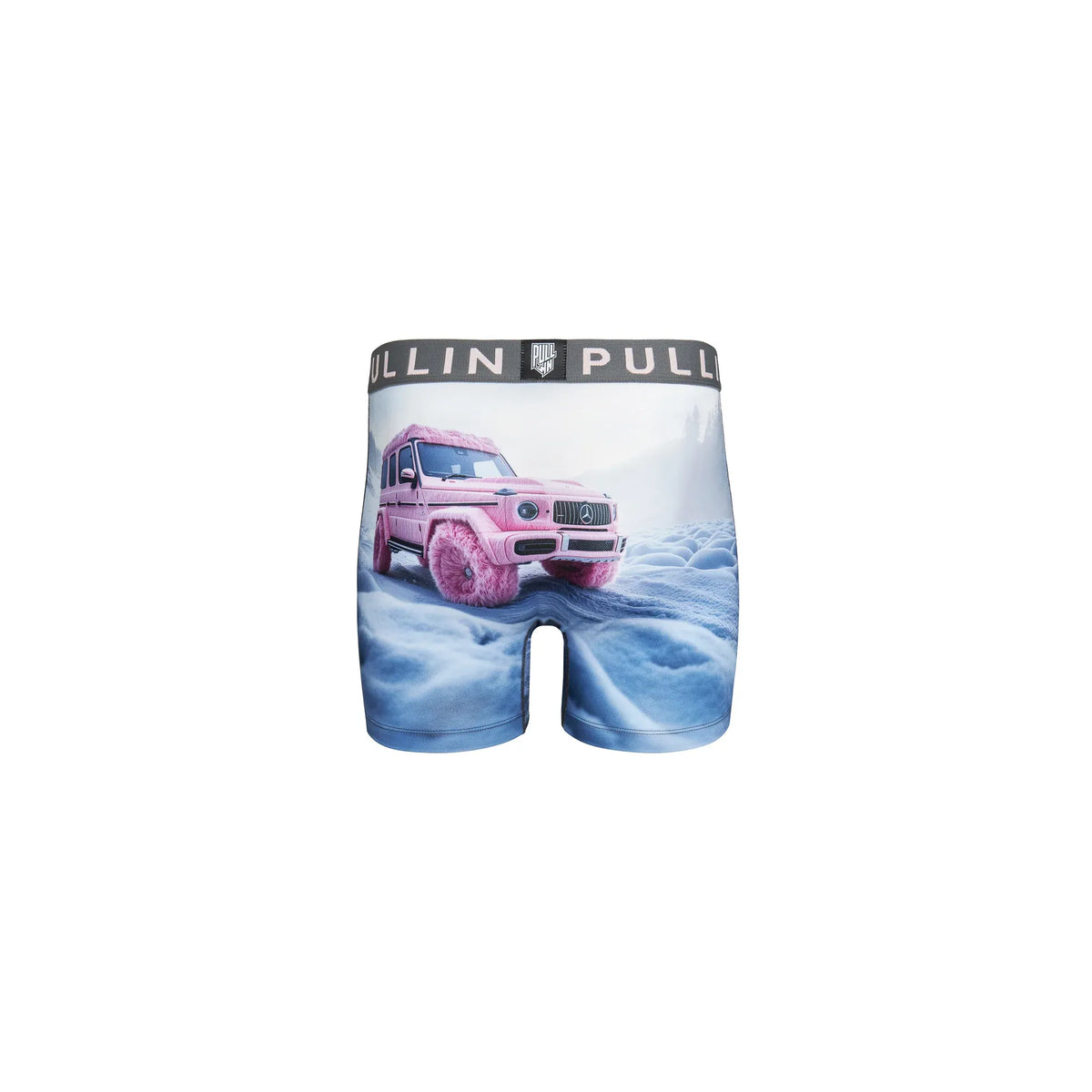 Pullin Fashion 2 tushdaddy boxer briefs with pink 4x4 truck print on blue snow scene, wide jacquard waistband.