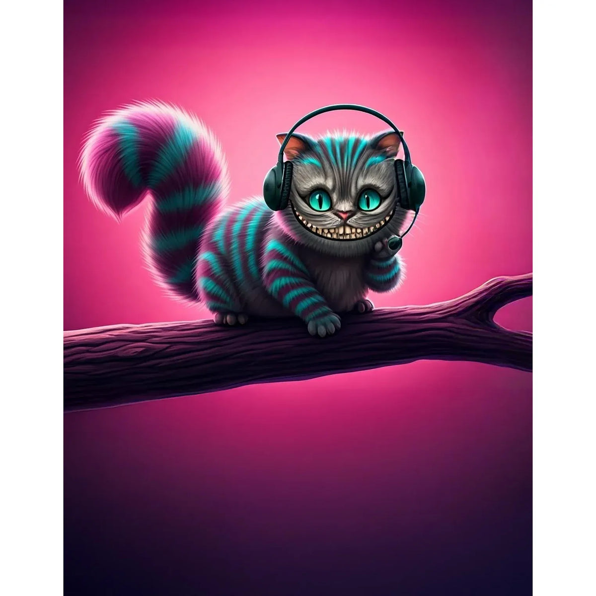 Cartoon striped cat with turquoise fur wearing a headset on a branch against a pink gradient.