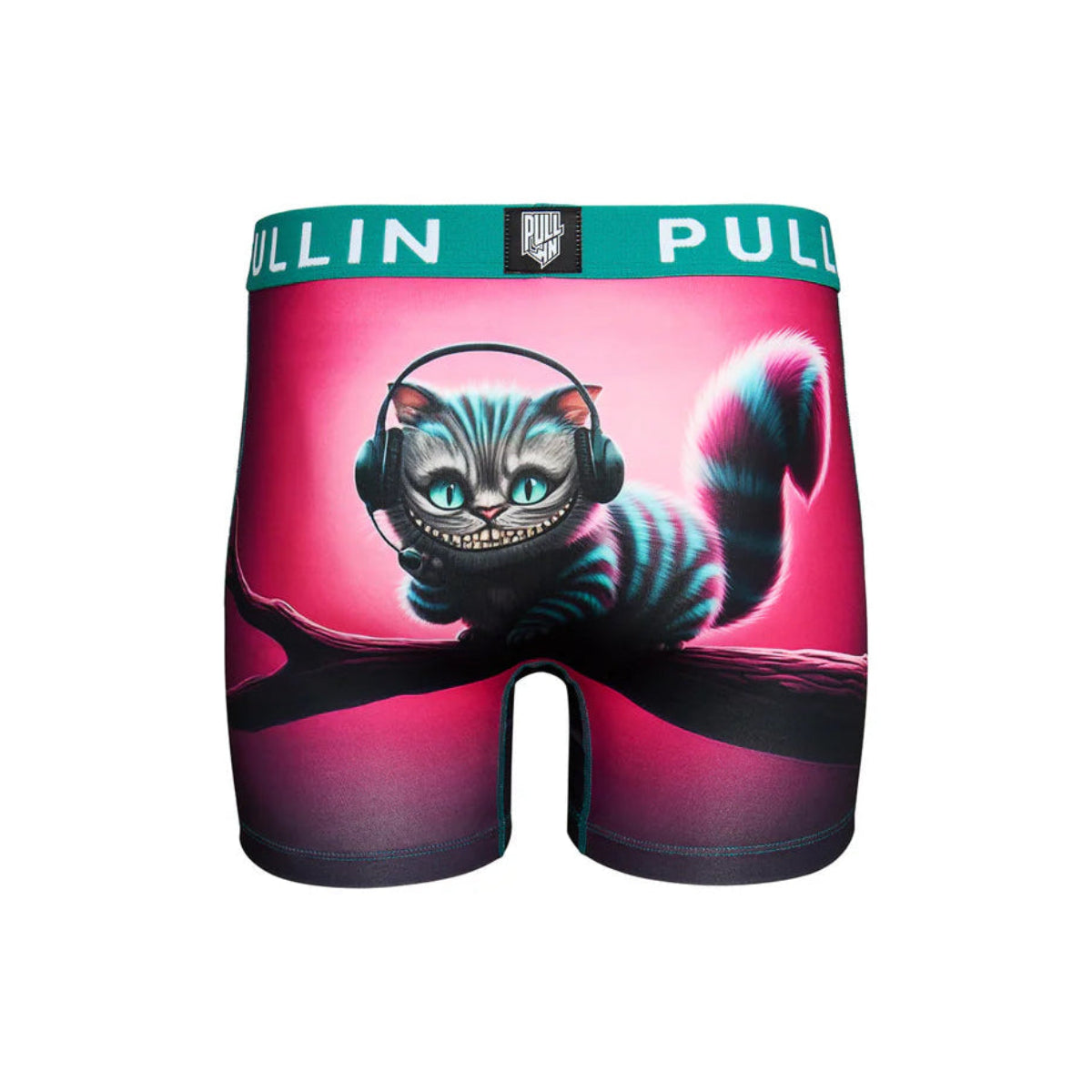 Pullin Fashion 2 Alice Brief boxer shorts with pink cat wearing headphones print and teal waistband.