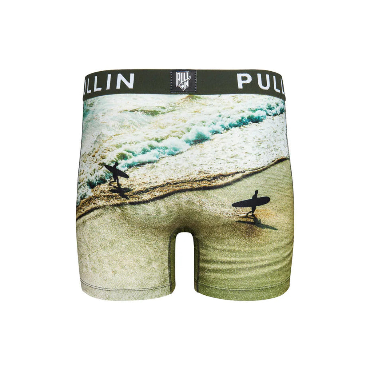 Pullin Fashion 2 Belza Brief boxer shorts with beach surf print, wide 40mm jacquard waistband, flatlock seams.
