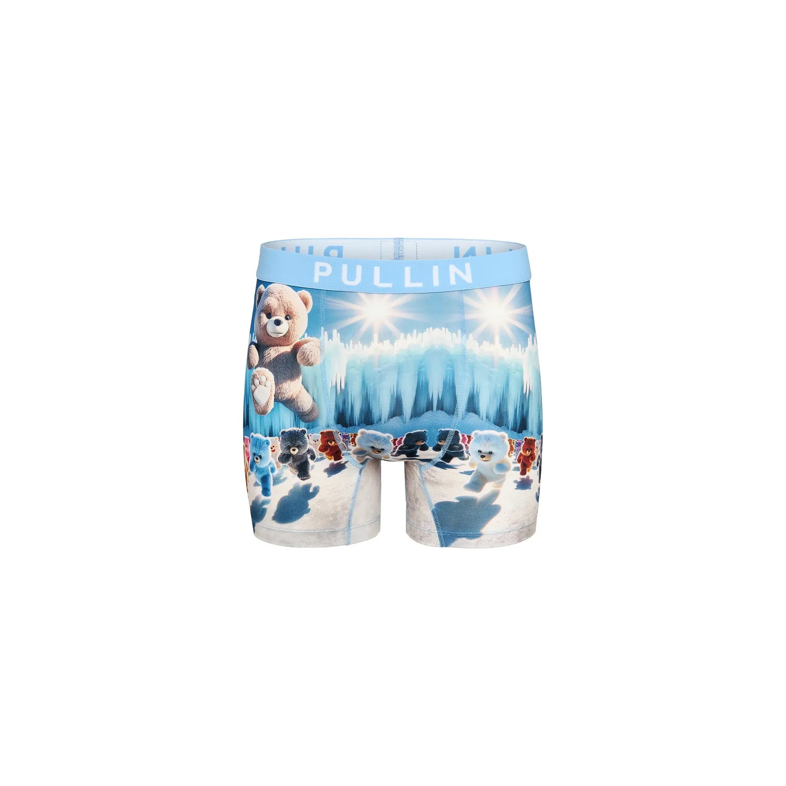 Male model in blue Pullin Fashion 2 Calinou Brief boxer shorts with polar bear print and PULLIN waistband
