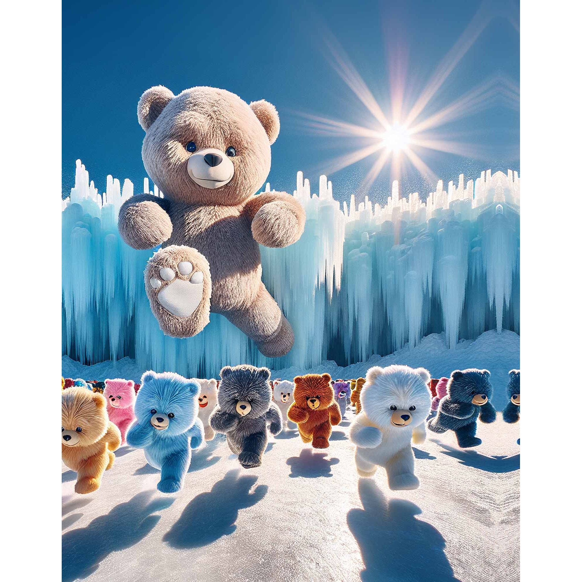 Group of colorful plush teddy bears running on snow toward a large jumping beige bear in a frozen ice landscape.