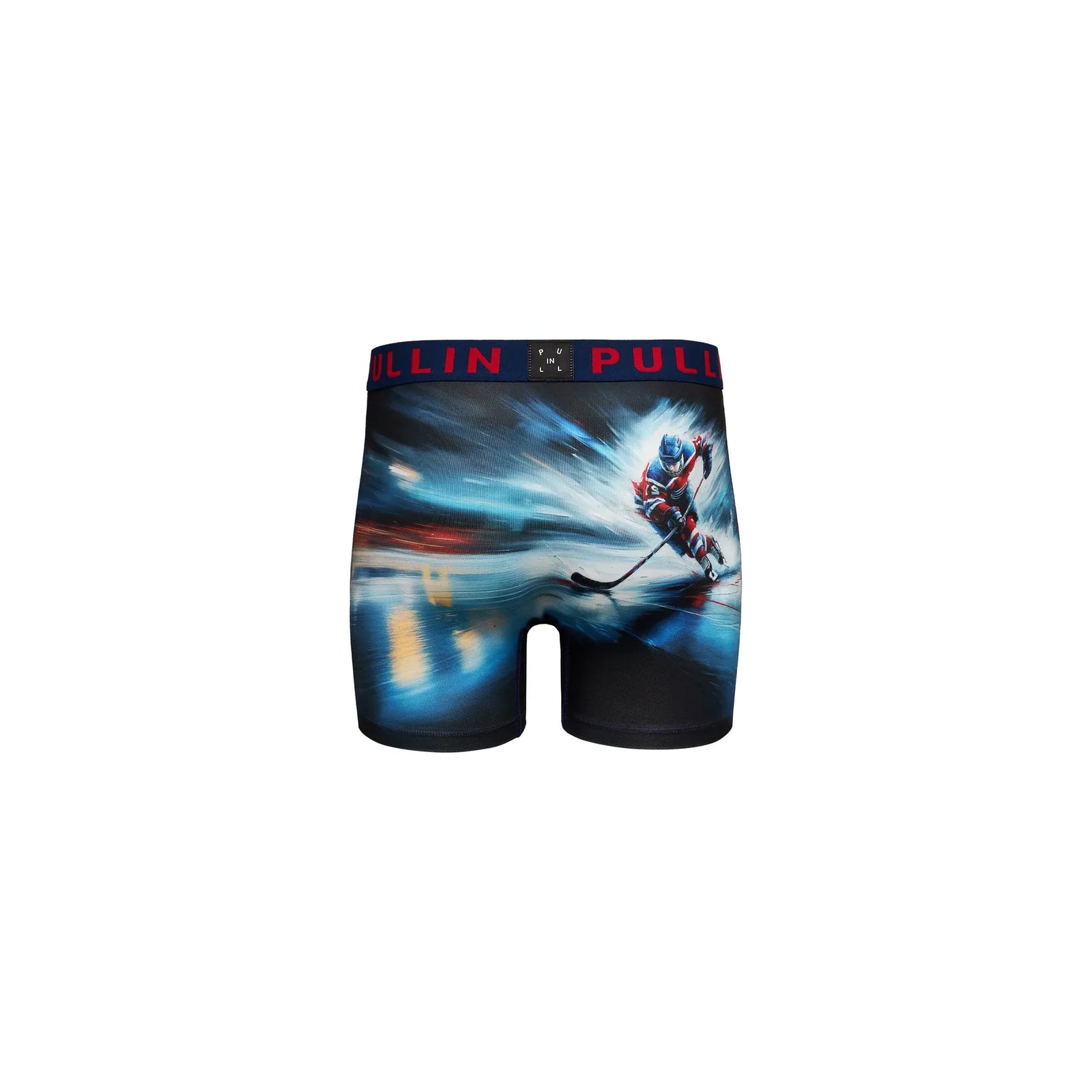 Men's boxer shorts featuring a dynamic hockey player graphic print, wide elastic waistband with red lettering, and flatlock seams for comfort.
