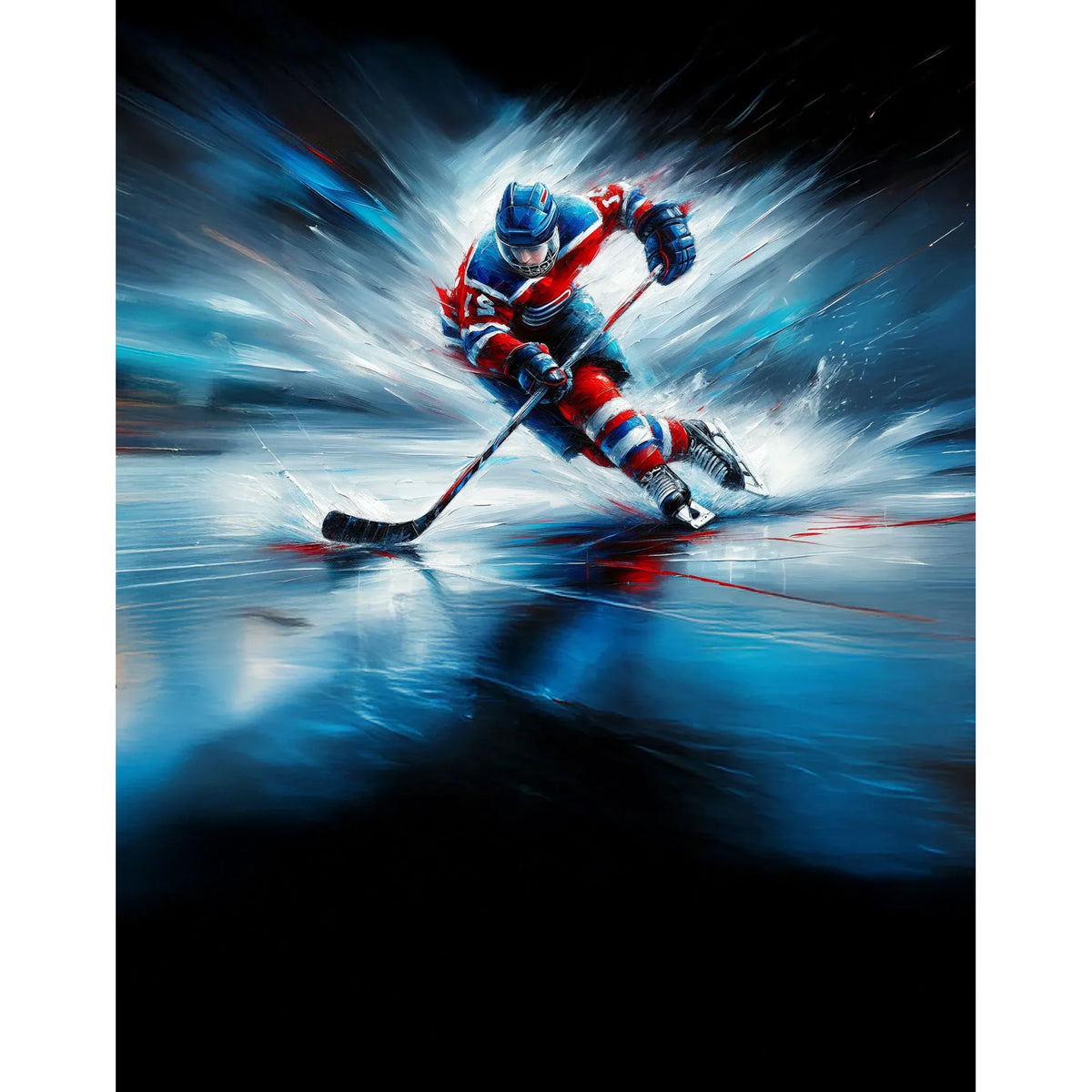 Dynamic painting of a hockey player in red and blue gear skating fast, kicking up ice spray with a hockey stick against a dark background.