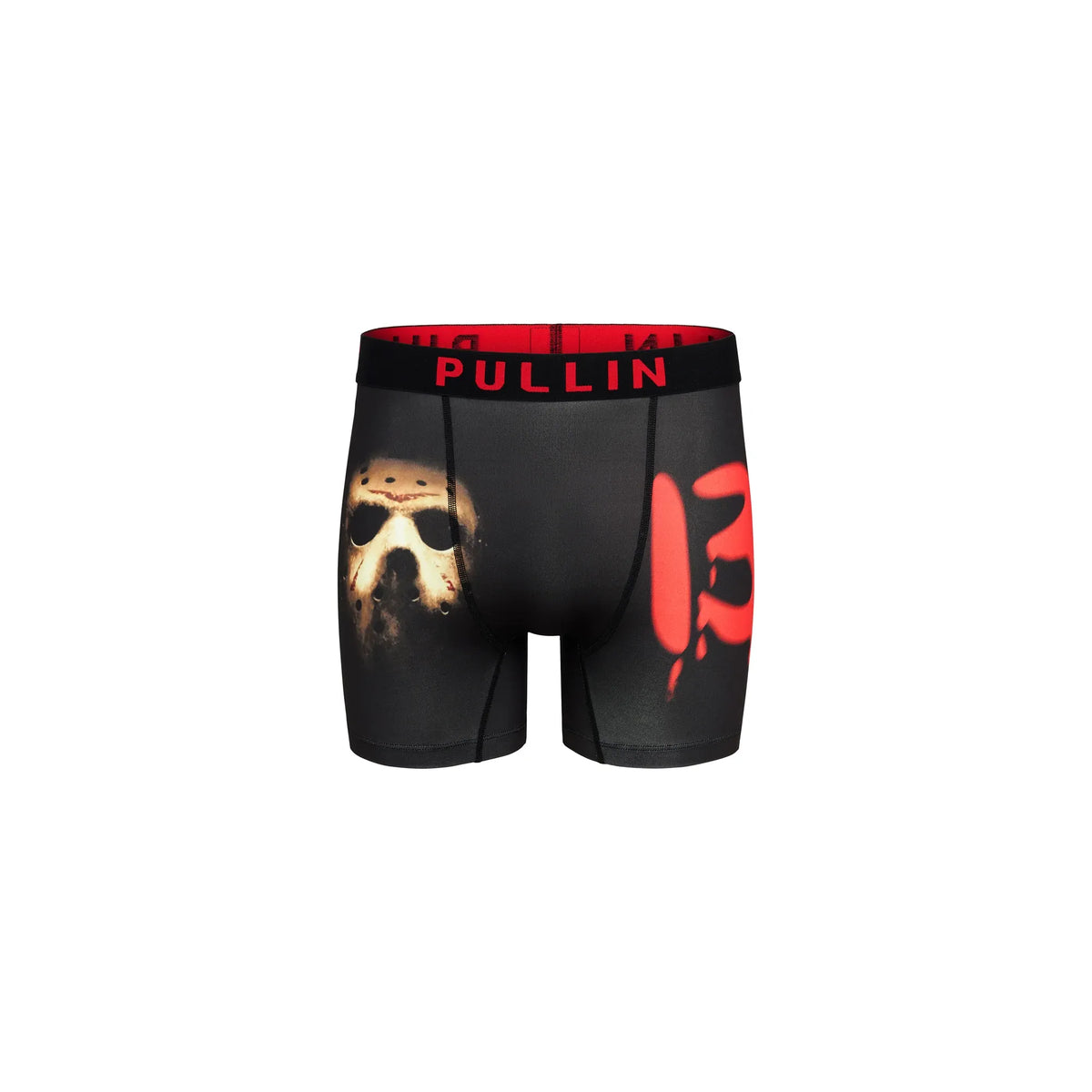 Pullin Fashion H13 Brief with skull print, black fabric, red elastic waistband.