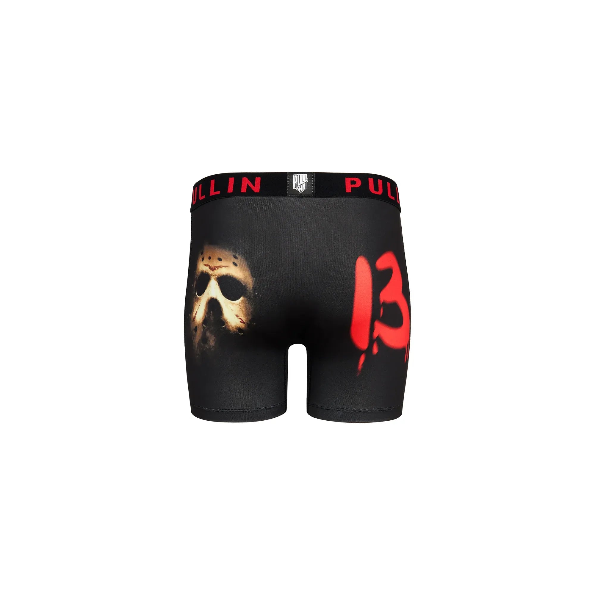 Pullin Fashion H13 Brief with skull print, black fabric, red elastic waistband.