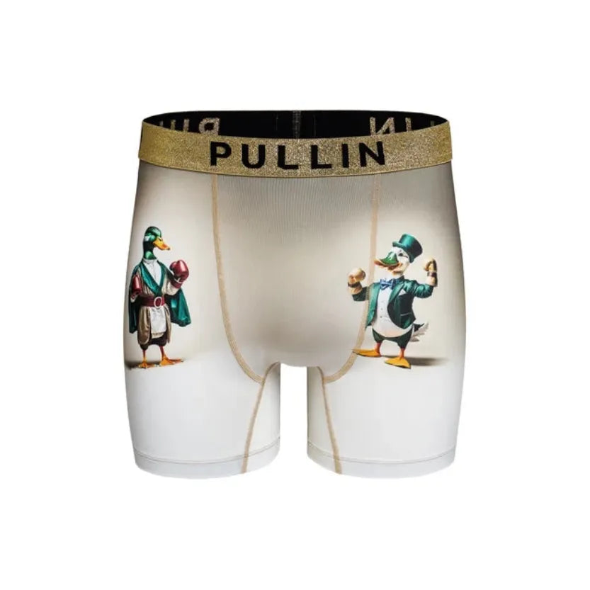 Pullin Fashion 2 Hop boxer shorts with boxing duck and top hat duck print, featuring a wide 40mm glitter waistband and flatlock seams.