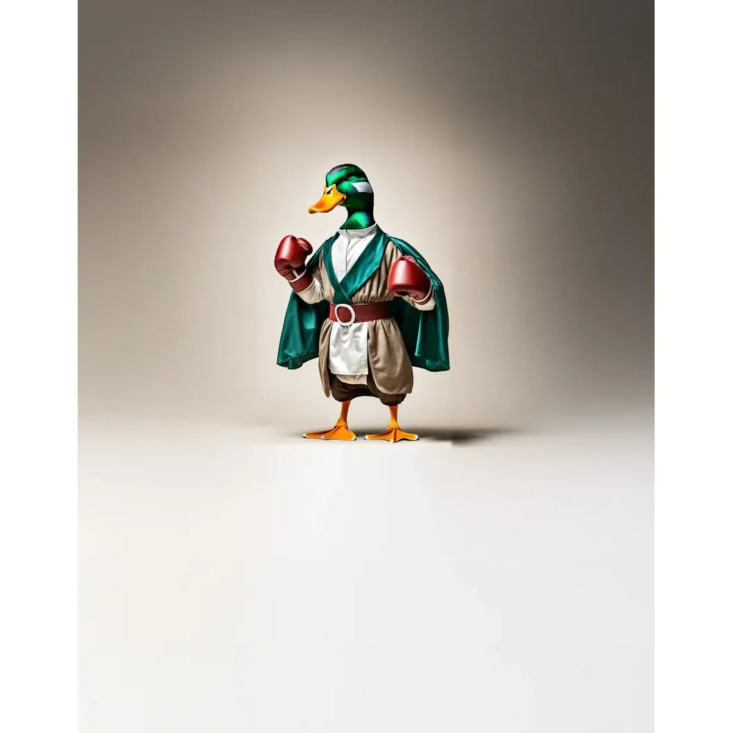 Mallard duck mascot in ancient boxer robes and red boxing gloves, illustrating the historical model design for Pullin Fashion 2 Hop briefs.