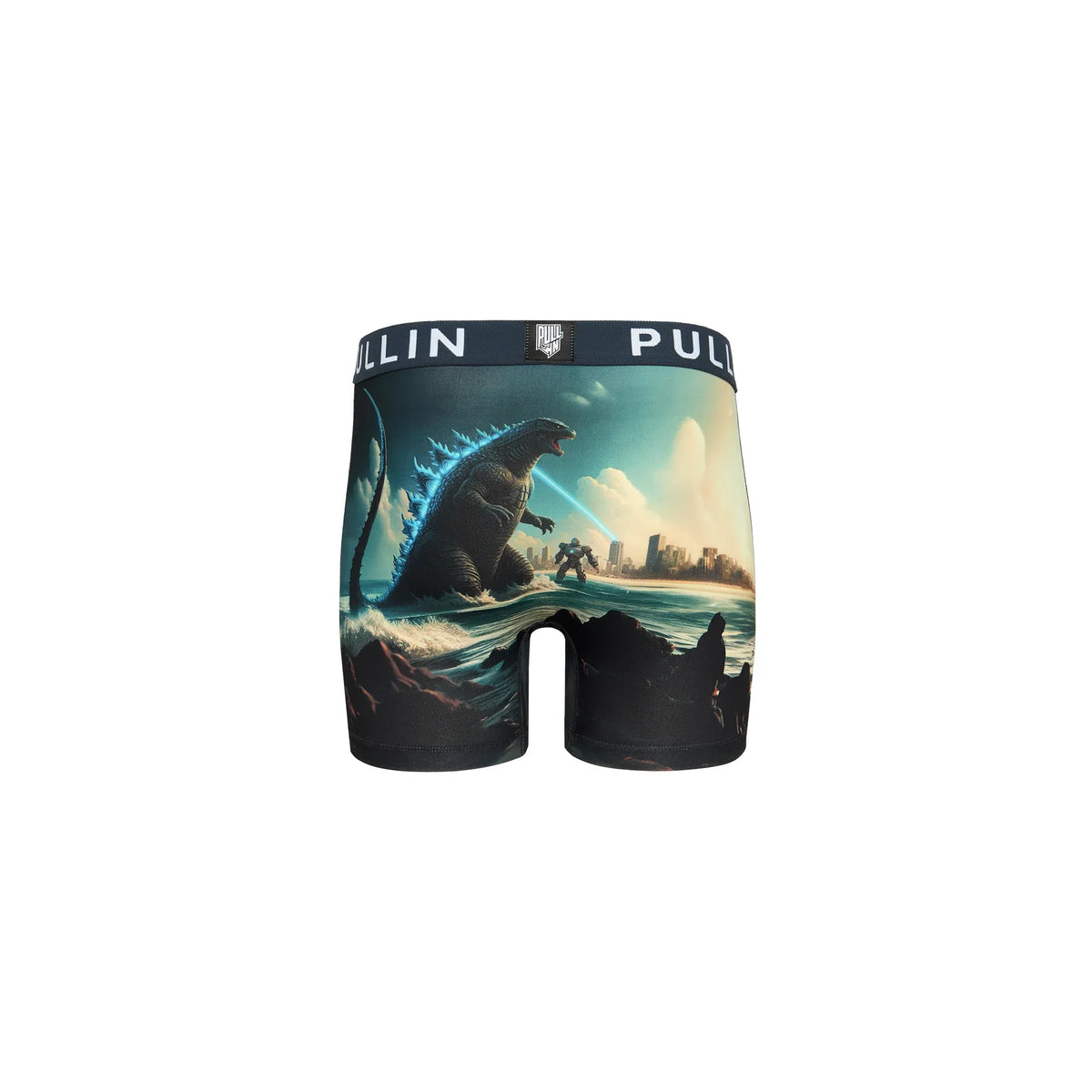 Pullin Japana Brief long-cut printed boxer shorts with kaiju over city, 40mm jacquard waistband, flatlock seams.