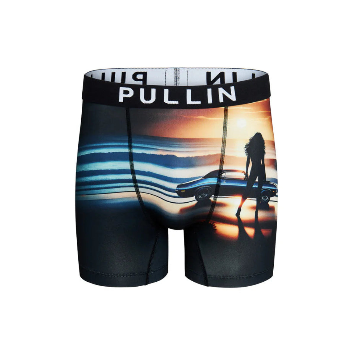 Pullin Fashion 2 Katty Brief boxer shorts with Belza print featuring sunset car scene and 40mm Jacquard elastic.