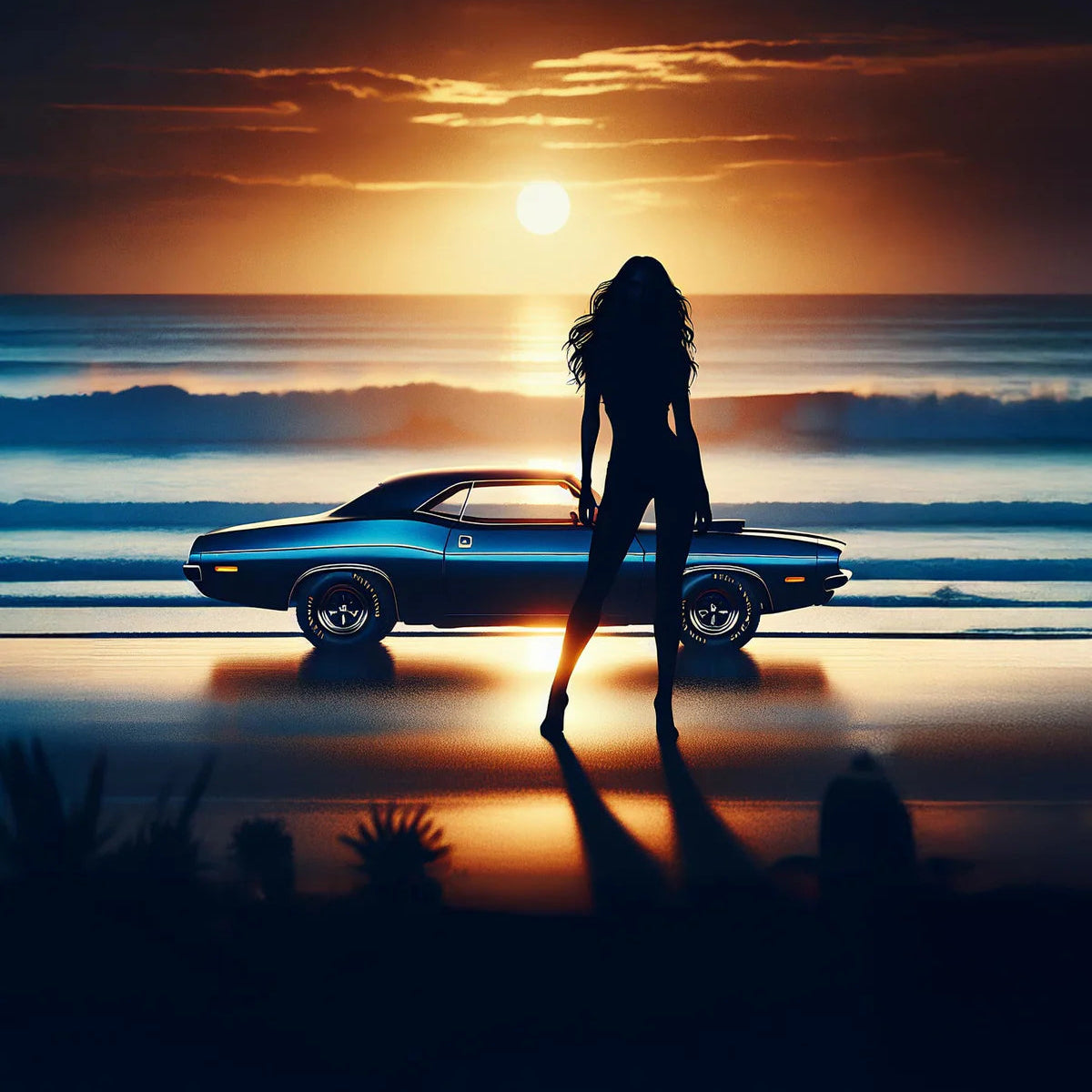 Silhouette of a woman on a sunset beach beside a blue vintage car; Pullin Fashion 2 Katty Brief promo.