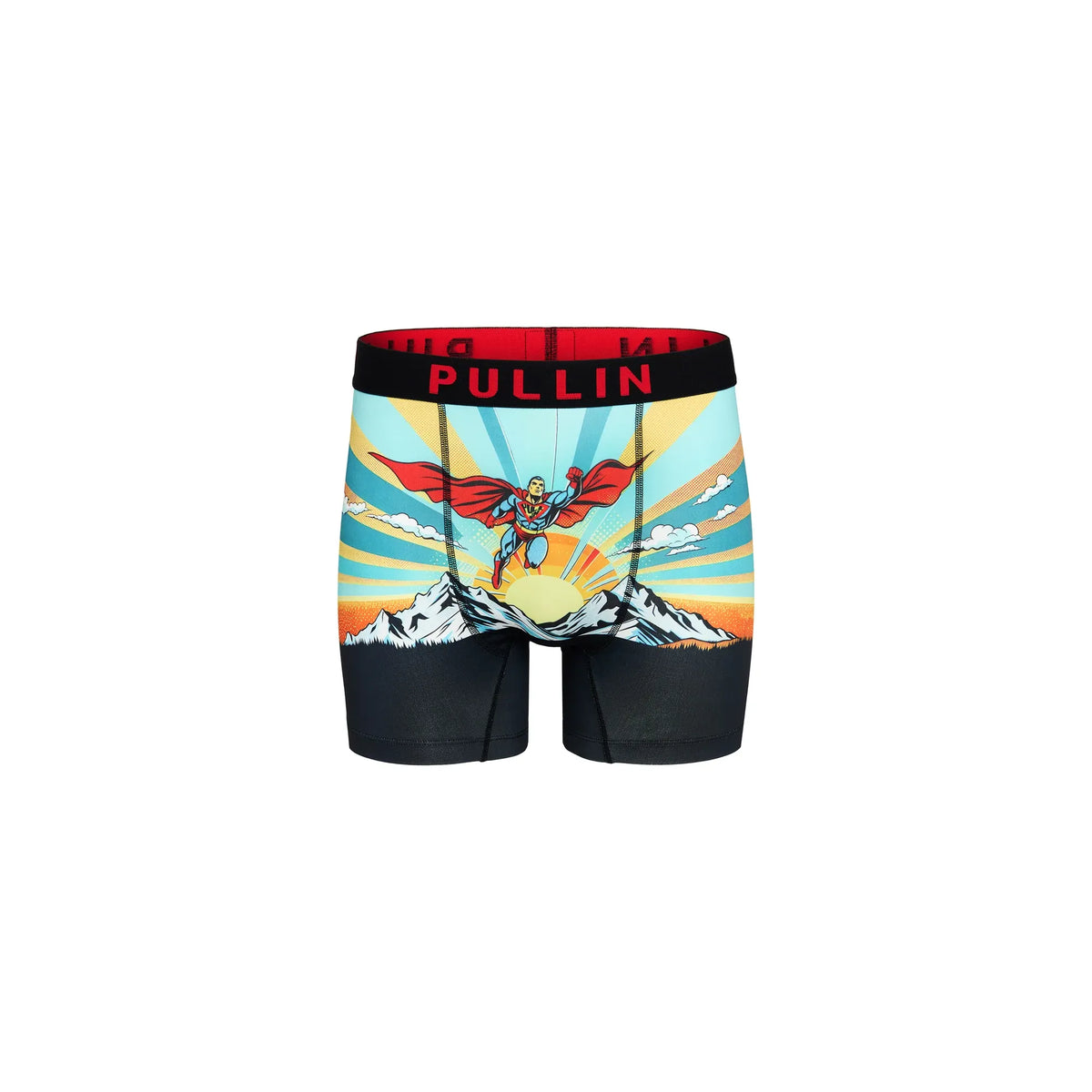 Pullin Fashion Krypto Brief with comic superhero print over mountains at sunrise, red waistband, flatlock seams.