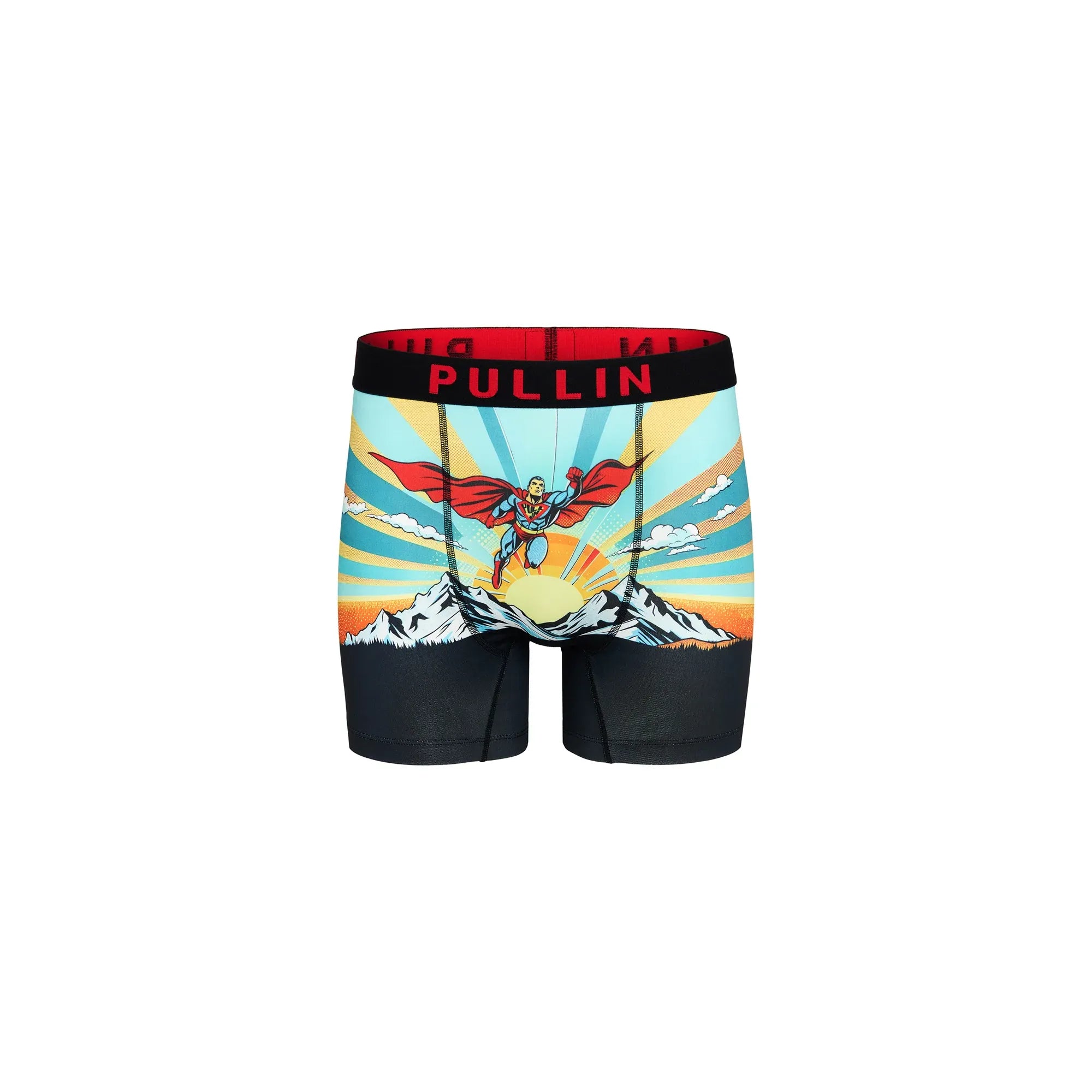 Pullin Fashion Krypto Brief with comic superhero print over mountains at sunrise, red waistband, flatlock seams.