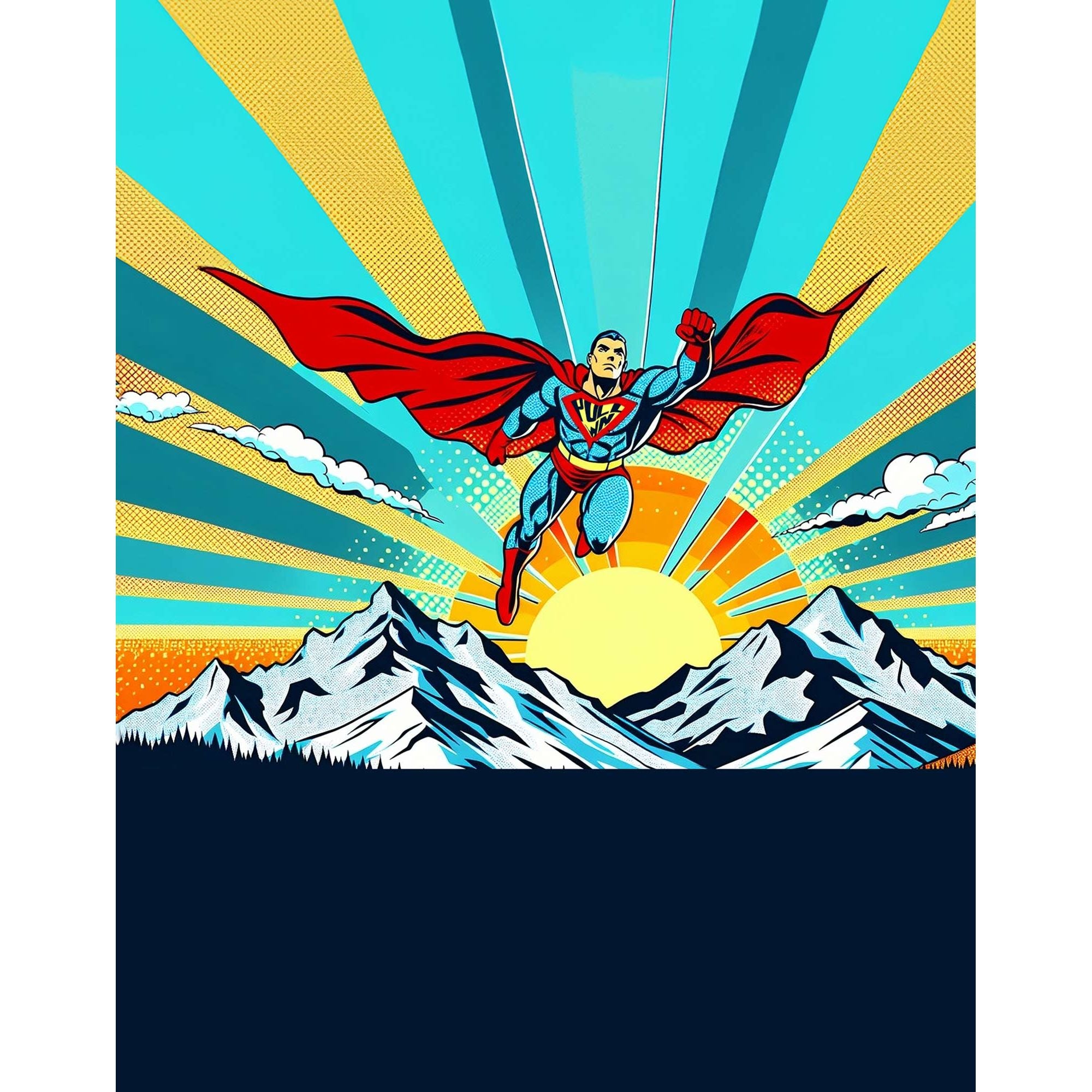 Pullin Fashion Krypto Brief with comic superhero print over mountains at sunrise, red waistband, flatlock seams.