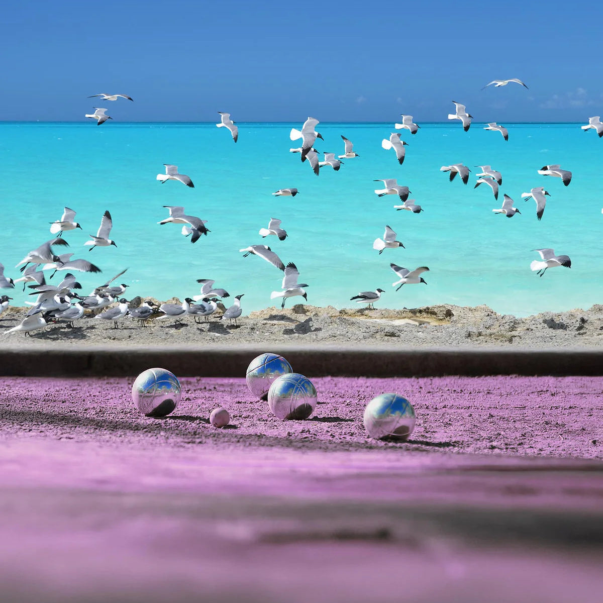 Seagulls flock over a turquoise sea by a pink sand beach with reflective metal balls on shore.