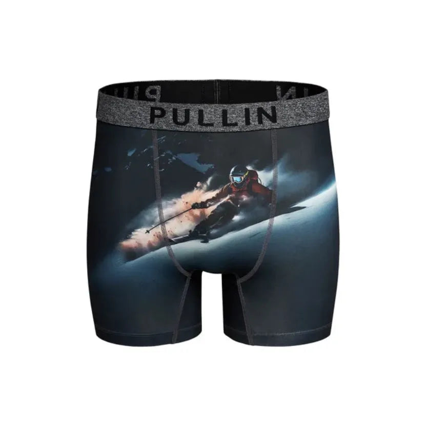 Pullin Fashion 2 Moonlight boxer shorts featuring a dynamic skier print, wide 40mm jacquard waistband, and flatlock seams for comfort.