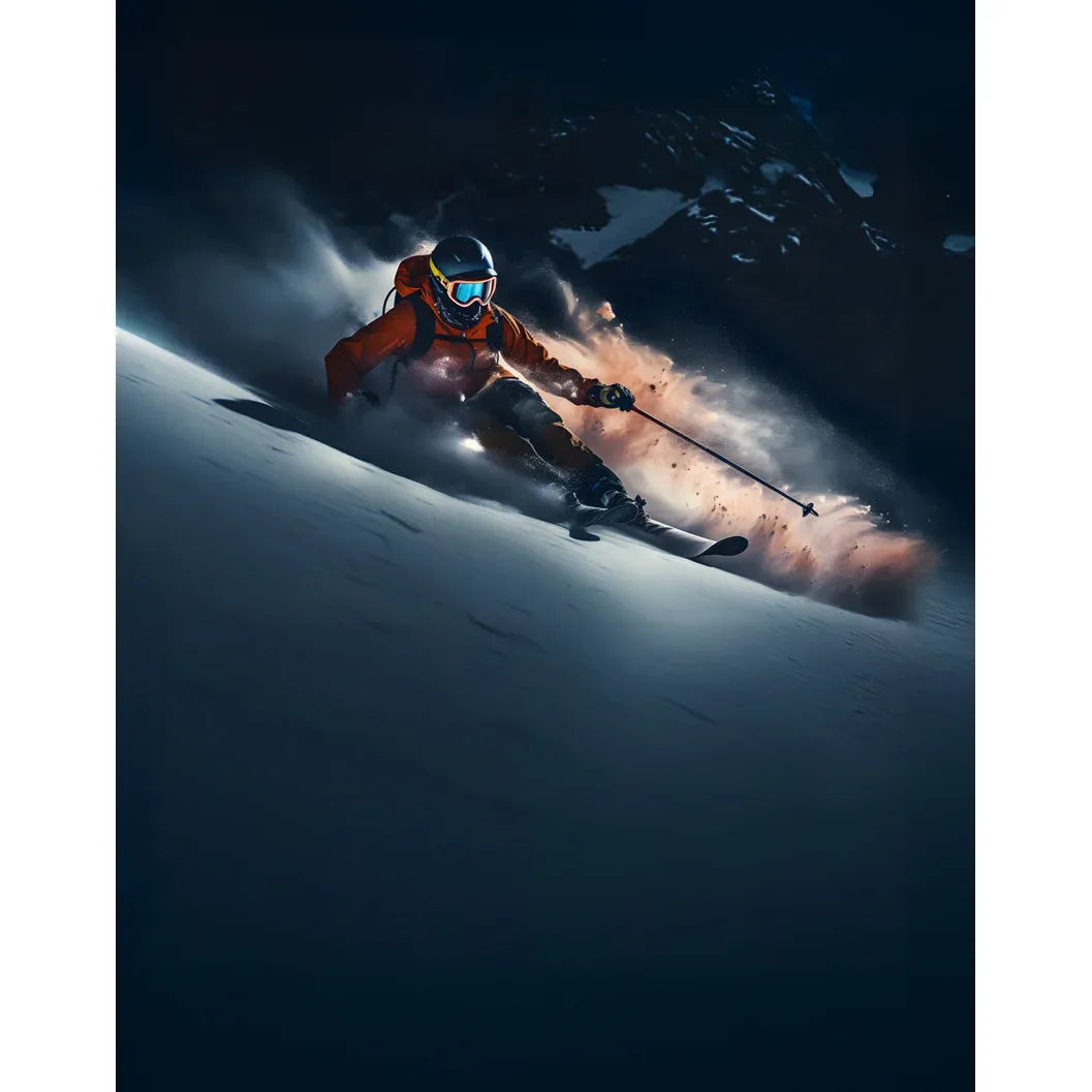 Skier in orange jacket carving down snowy slope at night, kicking up powder spray against dark mountain backdrop.