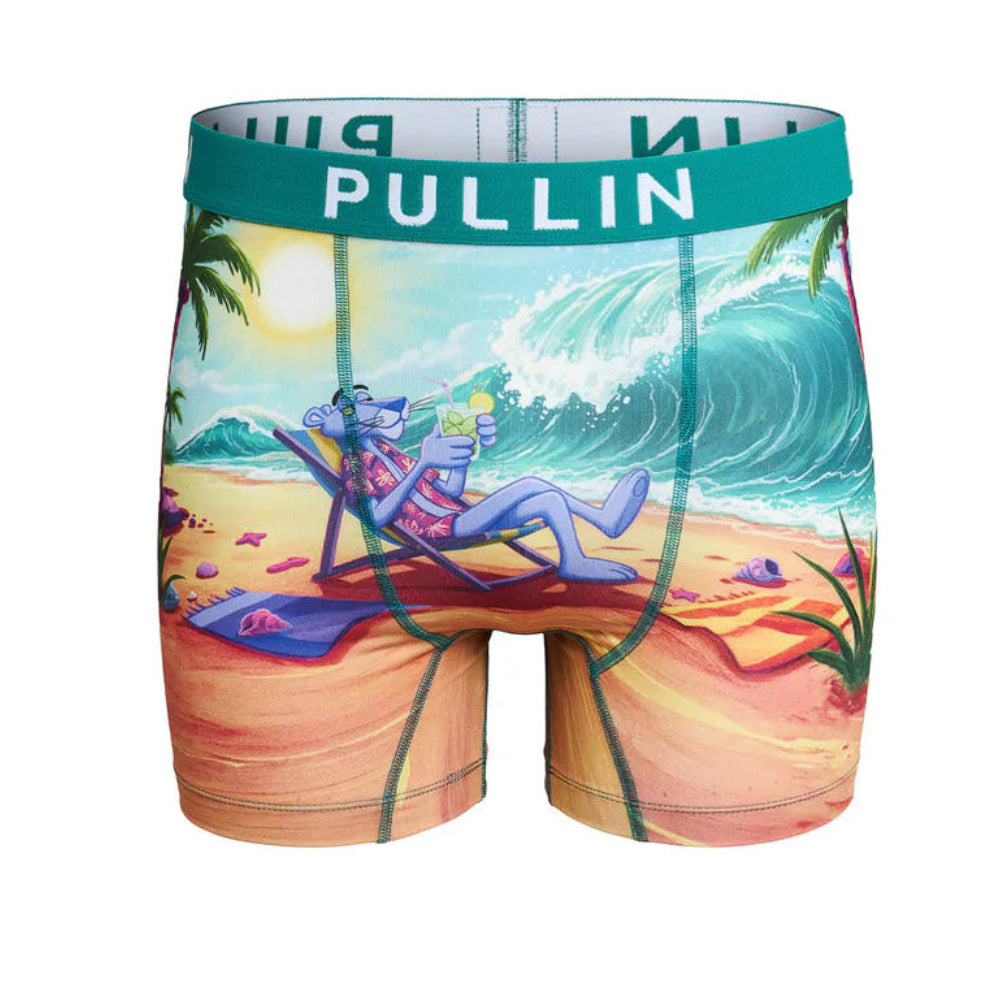 Pullin Fashion 2 Obrigado Briefs featuring tropical beach print and teal 40mm waistband.