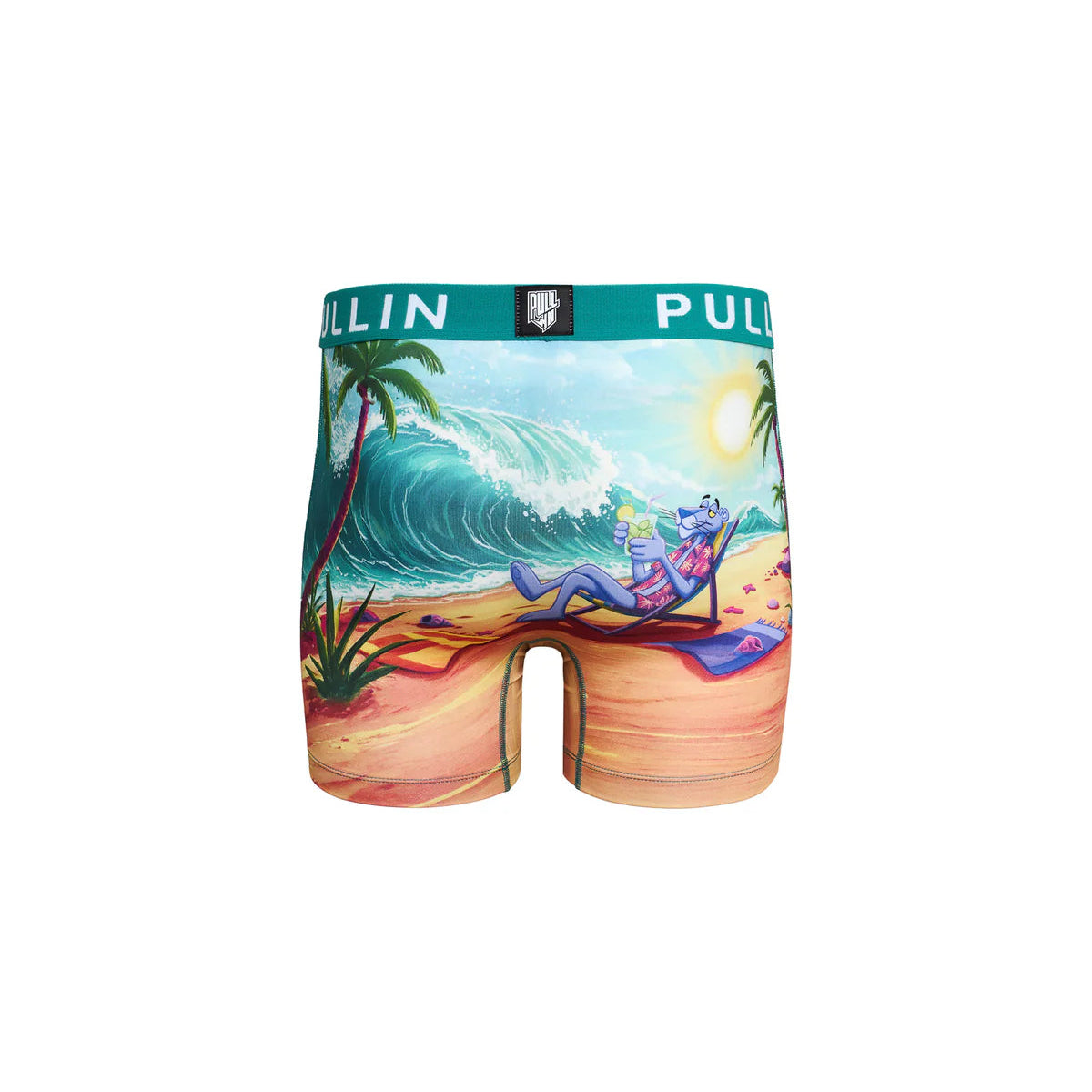 Pullin Fashion 2 Obrigado Briefs featuring tropical beach print and teal 40mm waistband.