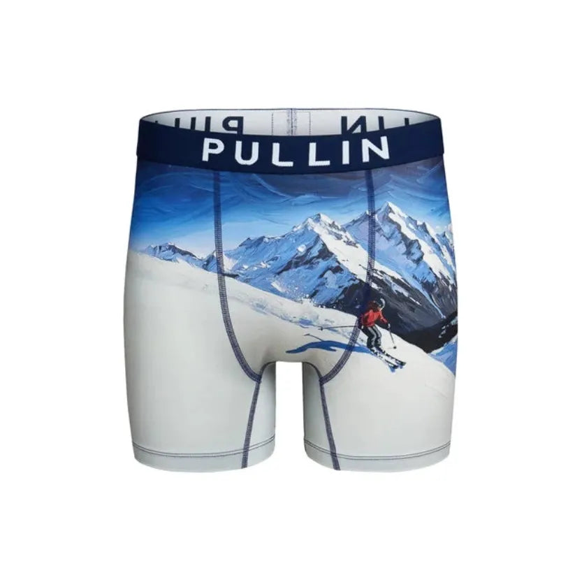Men's boxer briefs featuring a snowy mountain and skier print. Wide navy waistband with flatlock seams for comfort and freedom of movement.