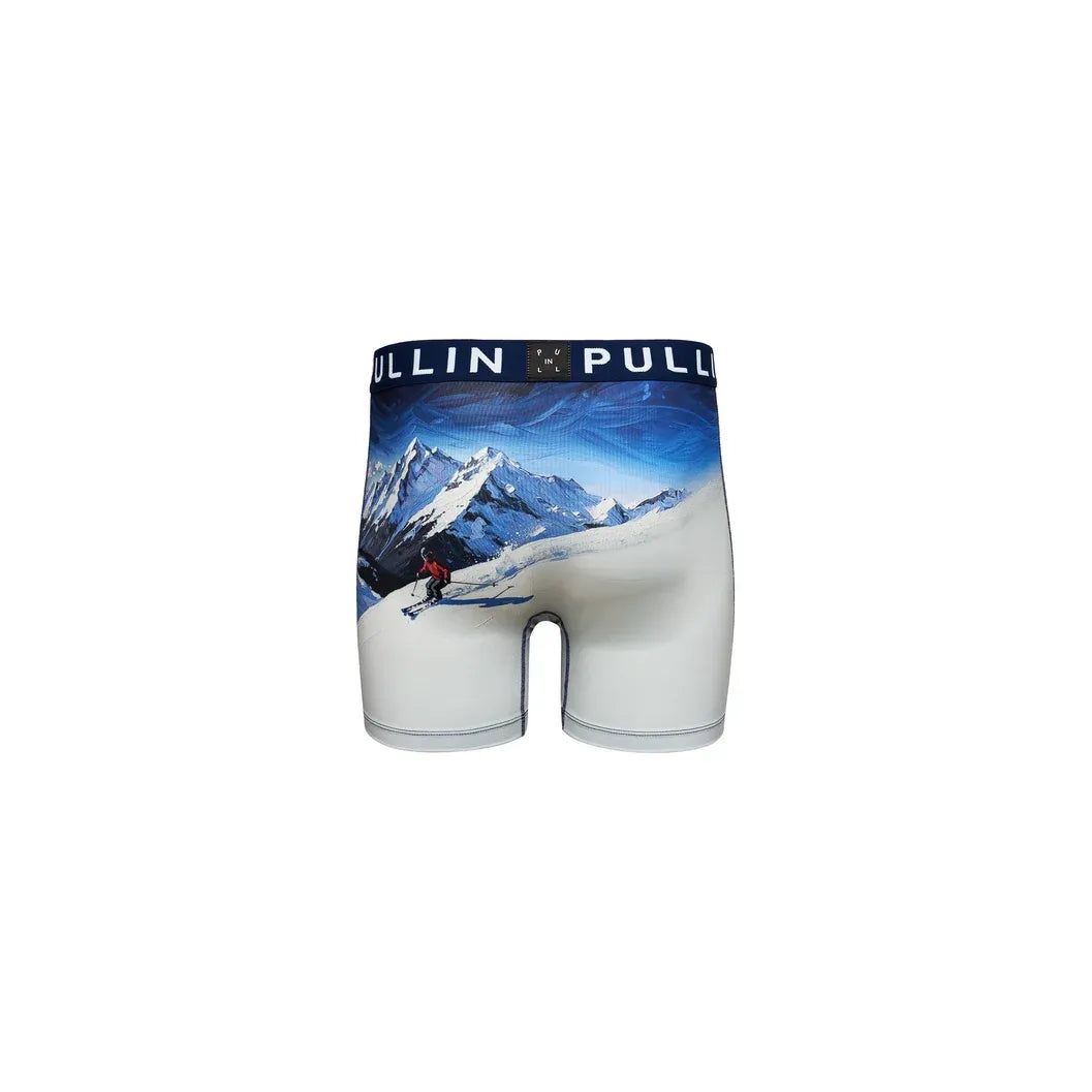 Men's boxer briefs featuring a snow skier and mountain range print, wide elastic waistband, and flatlock seams.