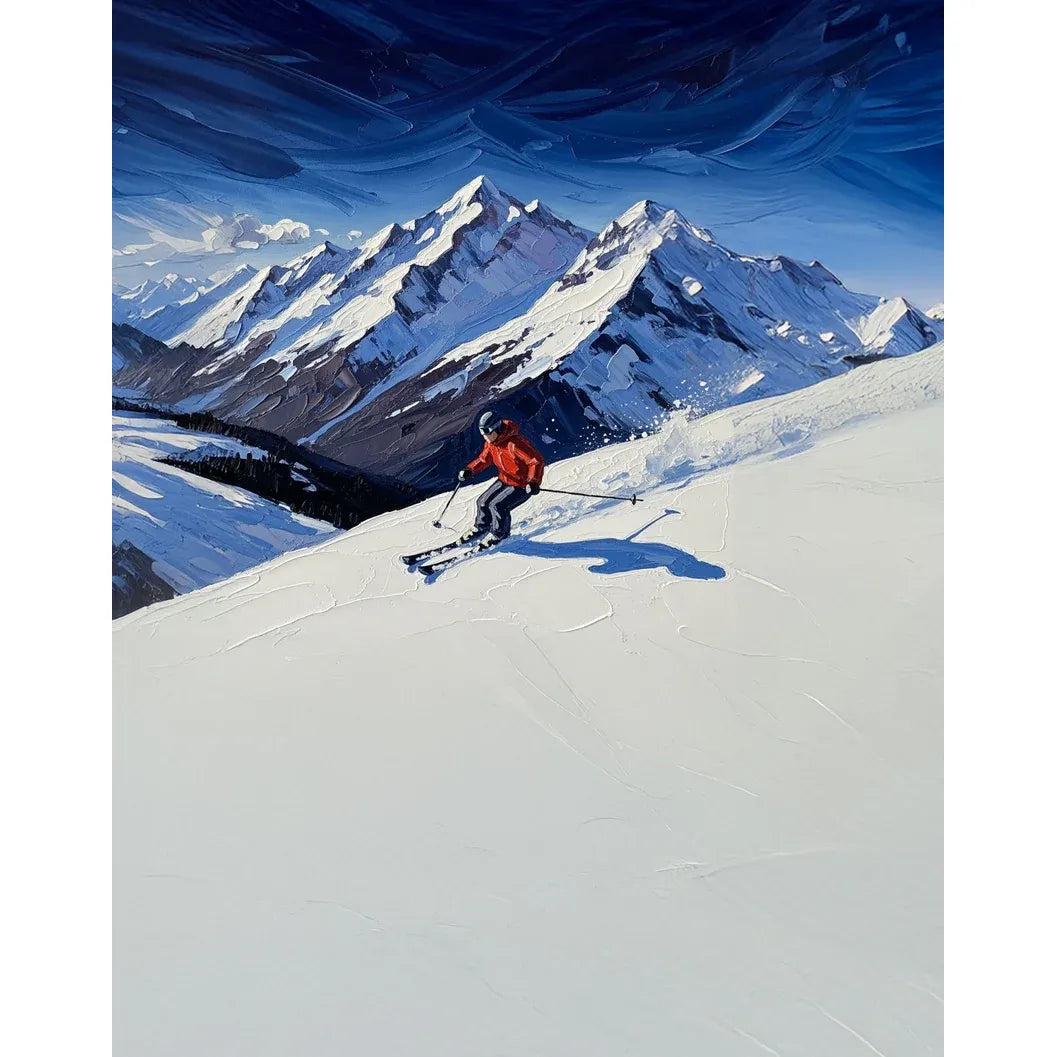 Painterly oil painting of a skier in a red jacket descending a snowy mountain slope beneath dramatic blue brushstroke skies.